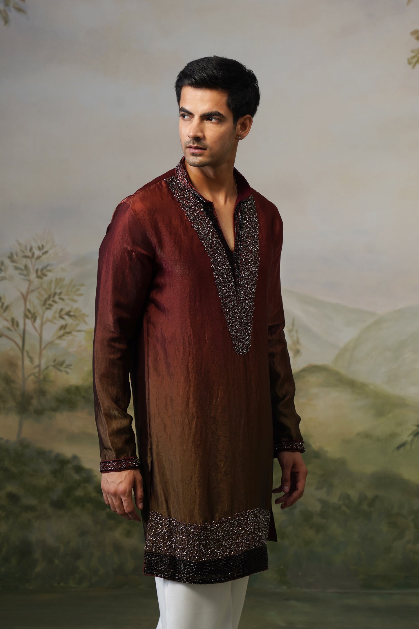Sindoor Rust Ombre Bead Bordered Kurta Set