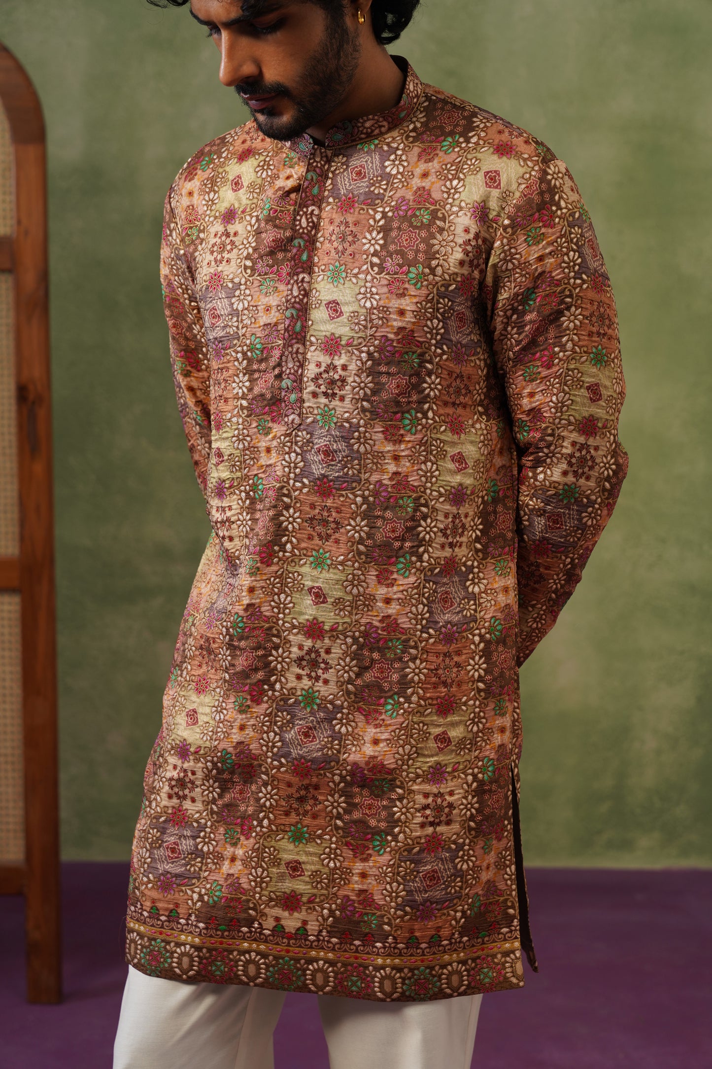 Rangeen Olive Multicolor Jacquard Print Kurta Set