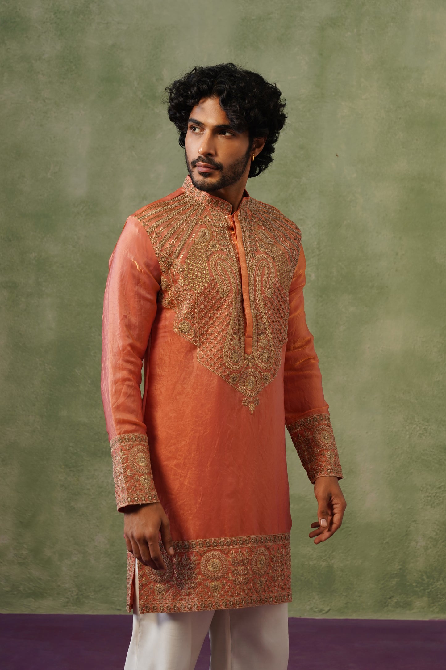 Kesar Peach Cord Threadwork Kurta Set