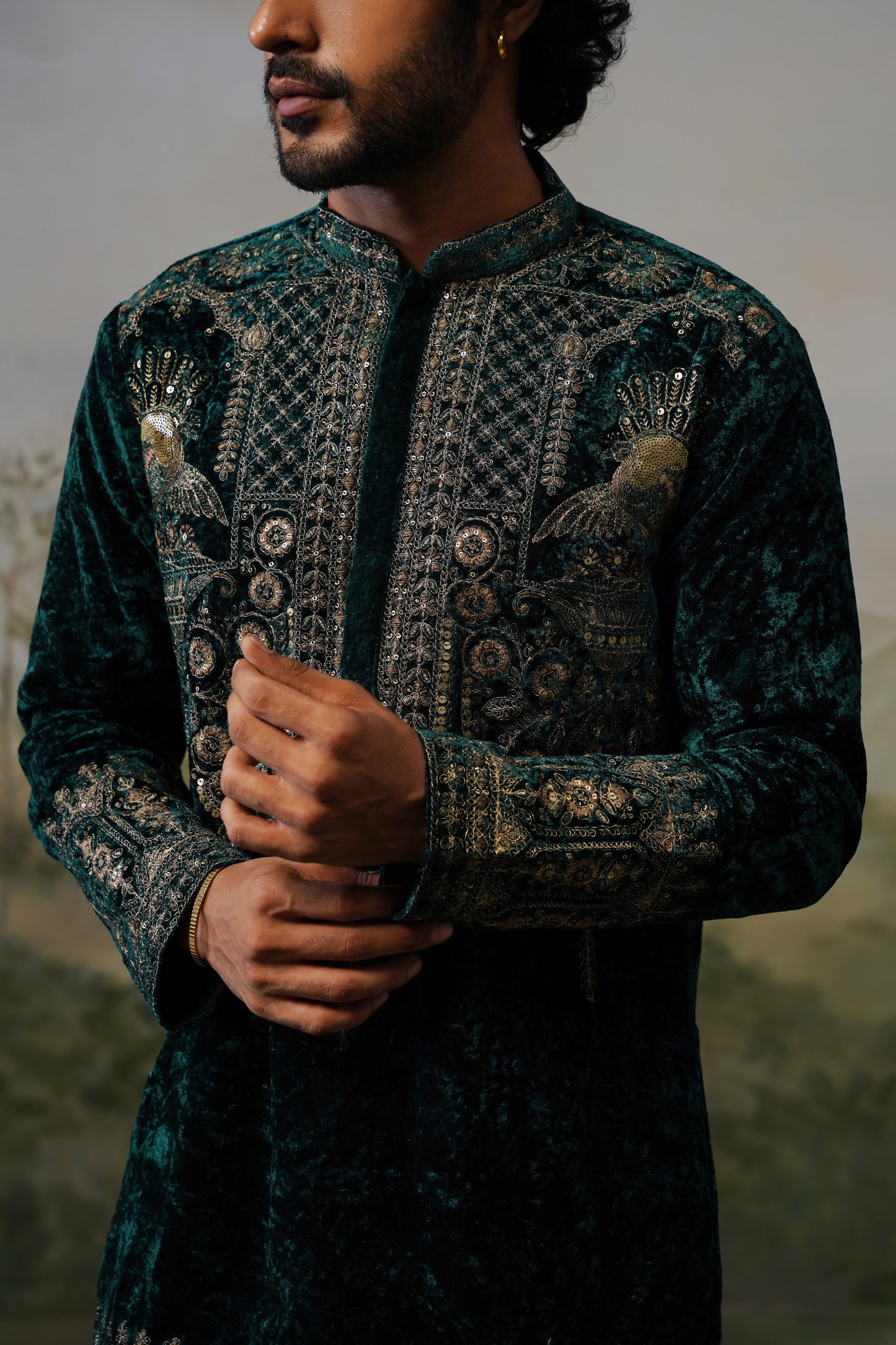 Mayur Bottle Green Velvet Cord Threadwork Kurta Set