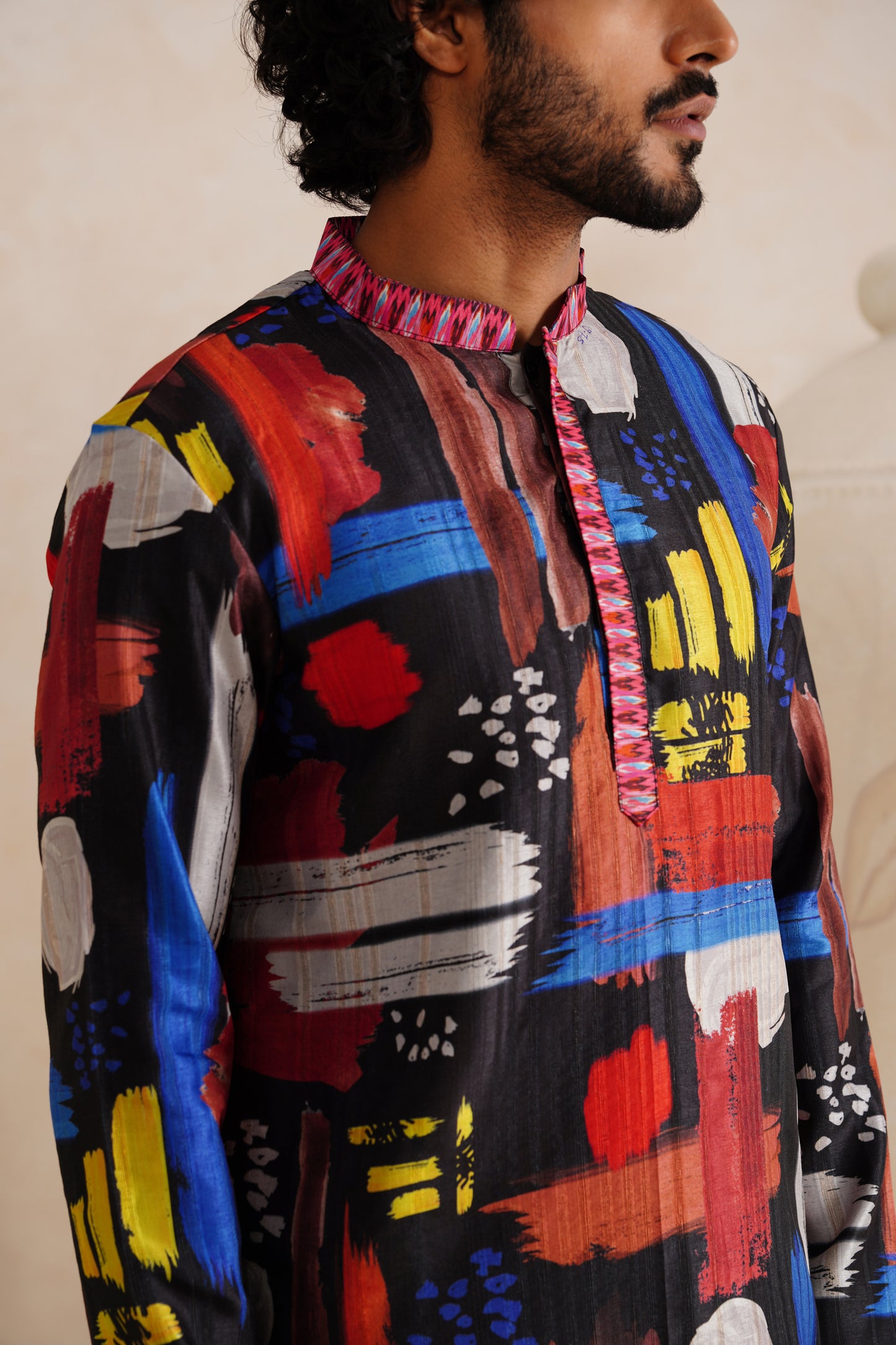 Black Abstract Tussar Ghicha Silk Kurta Set