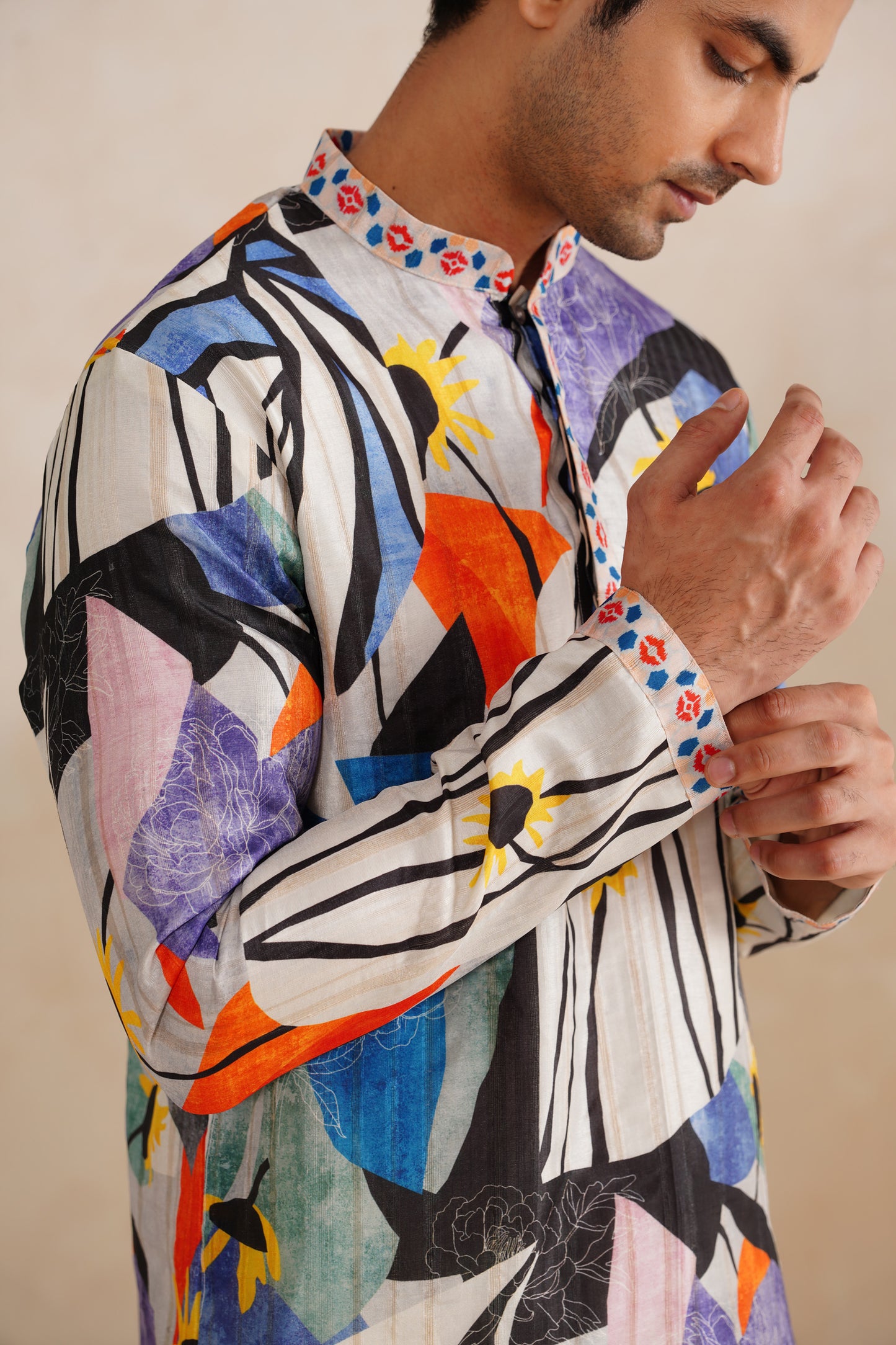 Multi Picasso Tussar Ghicha Silk Kurta Set