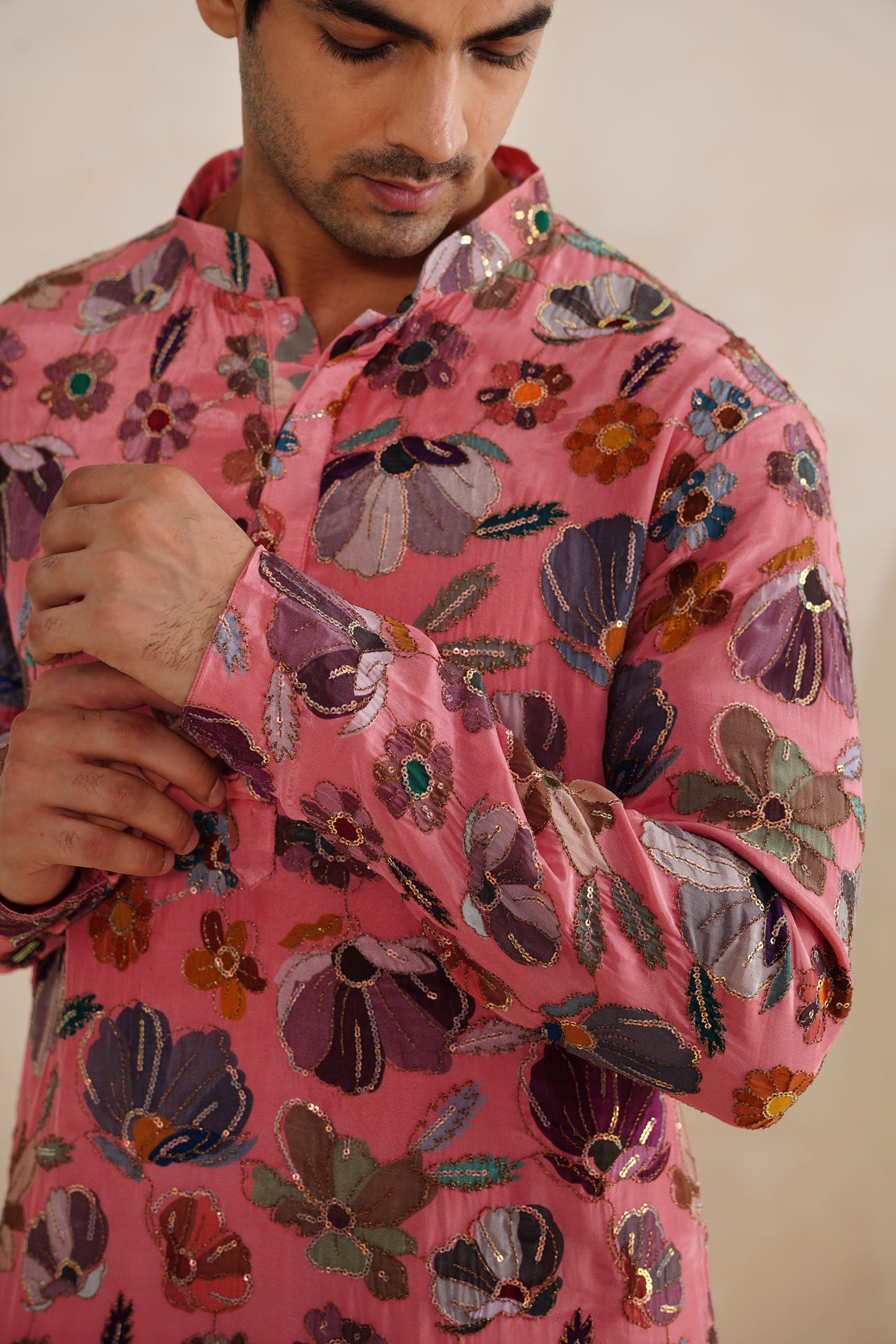 Pink Embroidery With Print Kurta Set