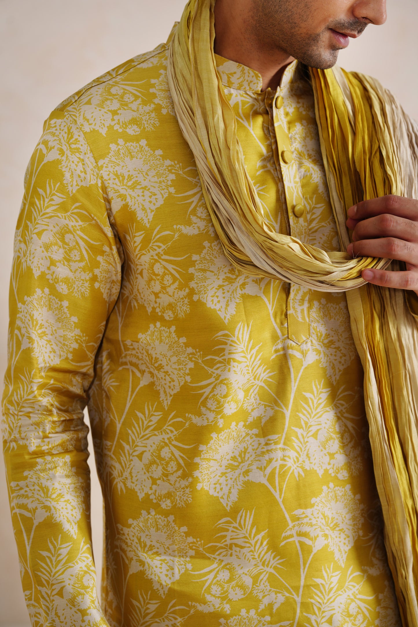Yellow Tussar Print Kurta Set With Crush Ombre Dupatta