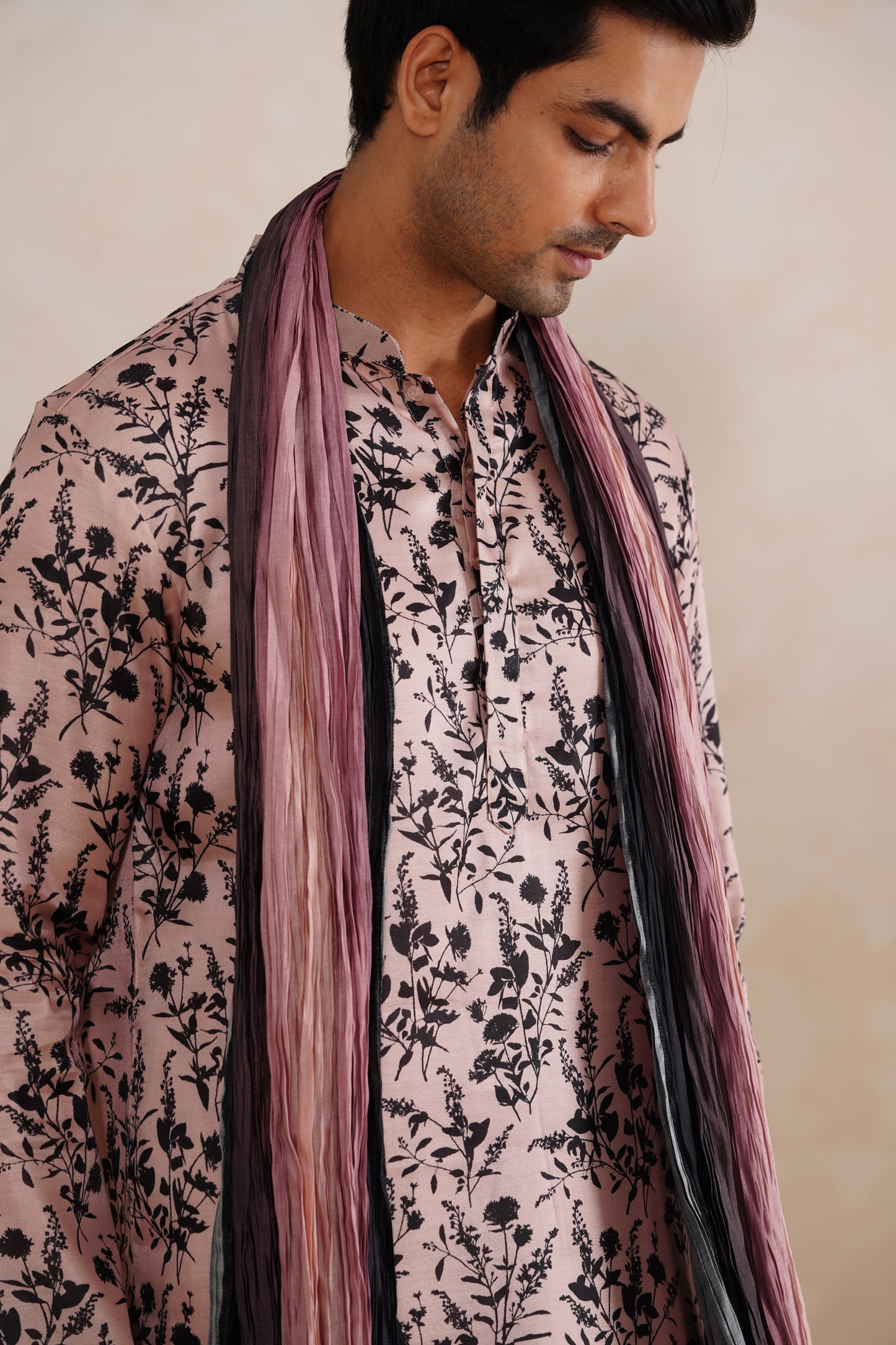Baby Pink Floral Tussar Silk Print Kurta Set With Crush Ombre Dupatta