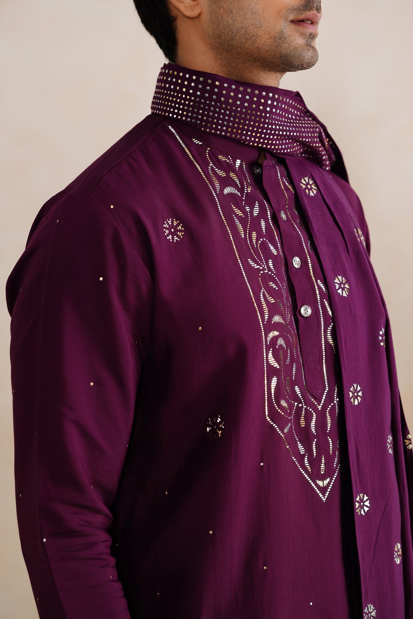 Wine Makesh Embroidery Kurta Set With Dupatta