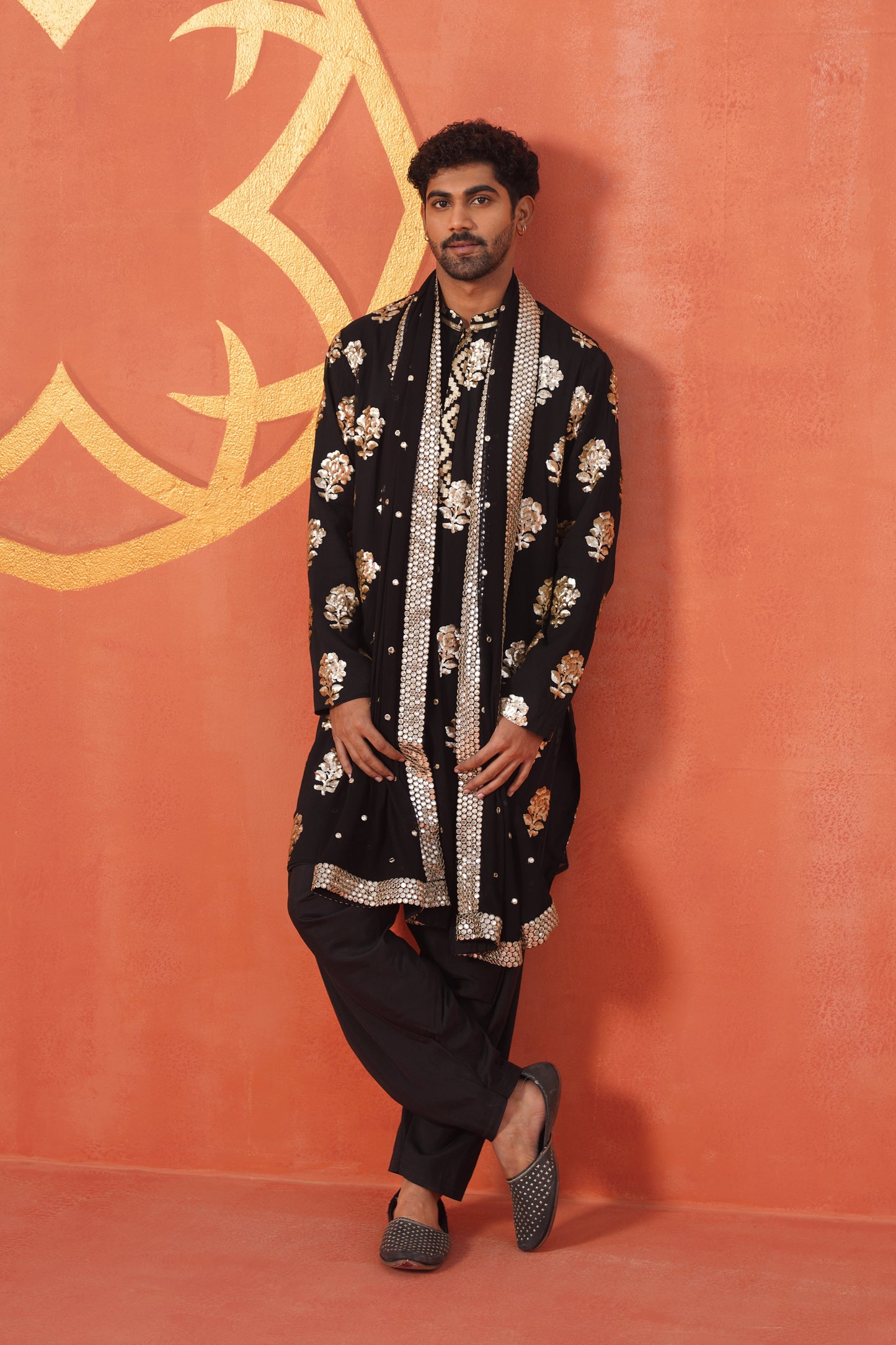 Golden Floral Sequin Embroidery Kurta Patiyala Set