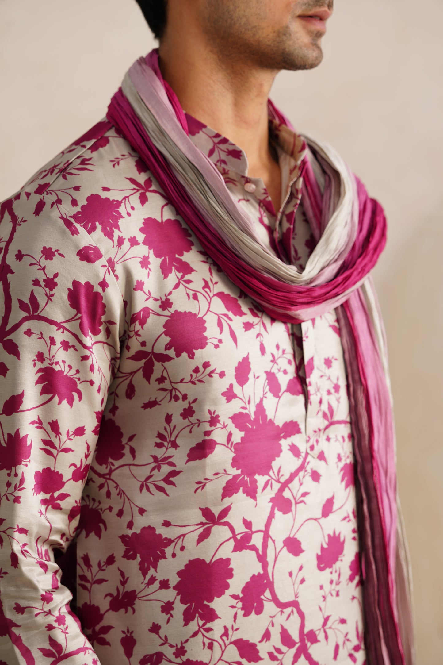 Grey Jaipuri Tussar Silk Print Kurta Set With Crush Ombre Dupatta