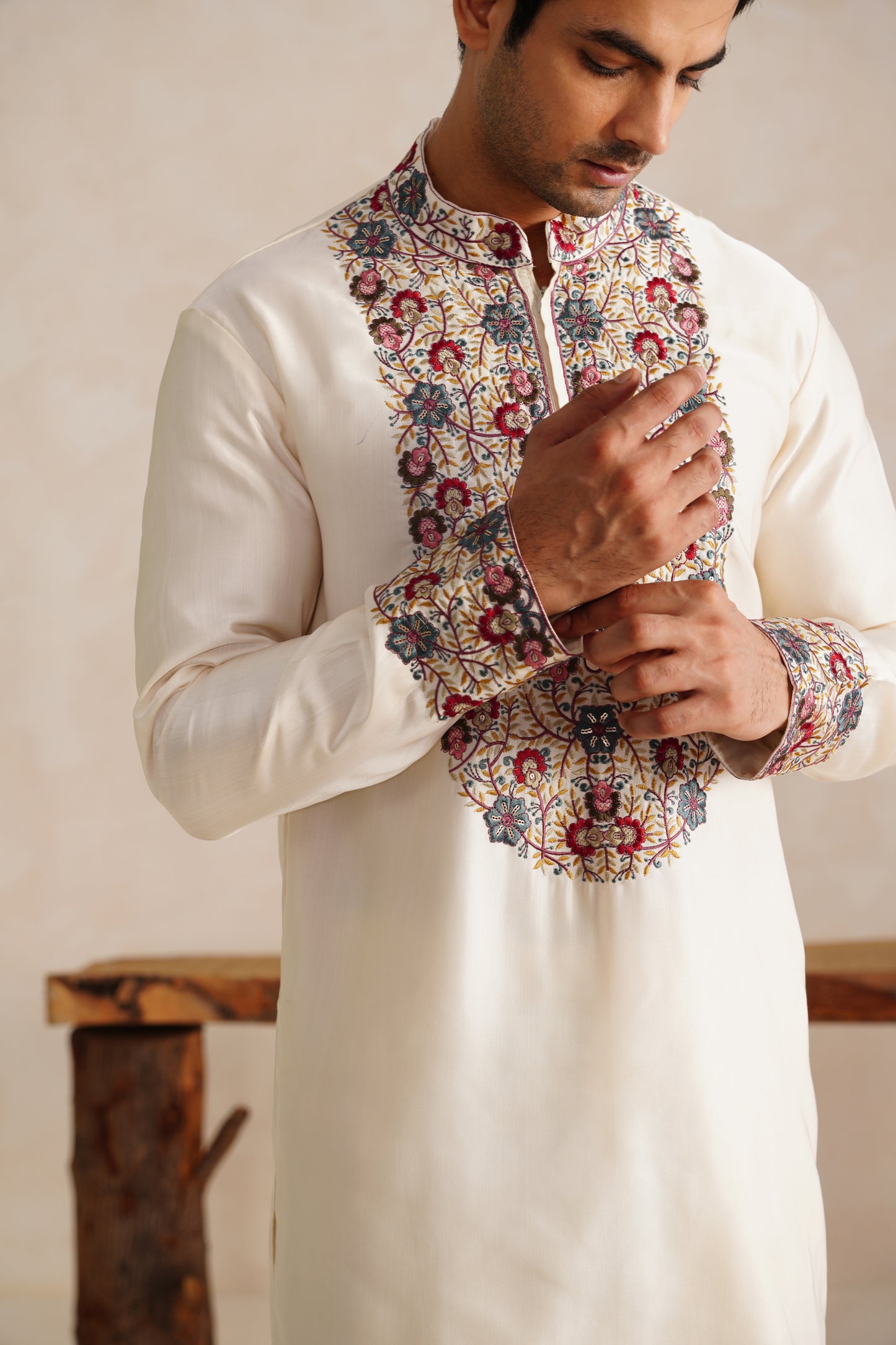 Cream Kashmiri Embroidery Kurta Set