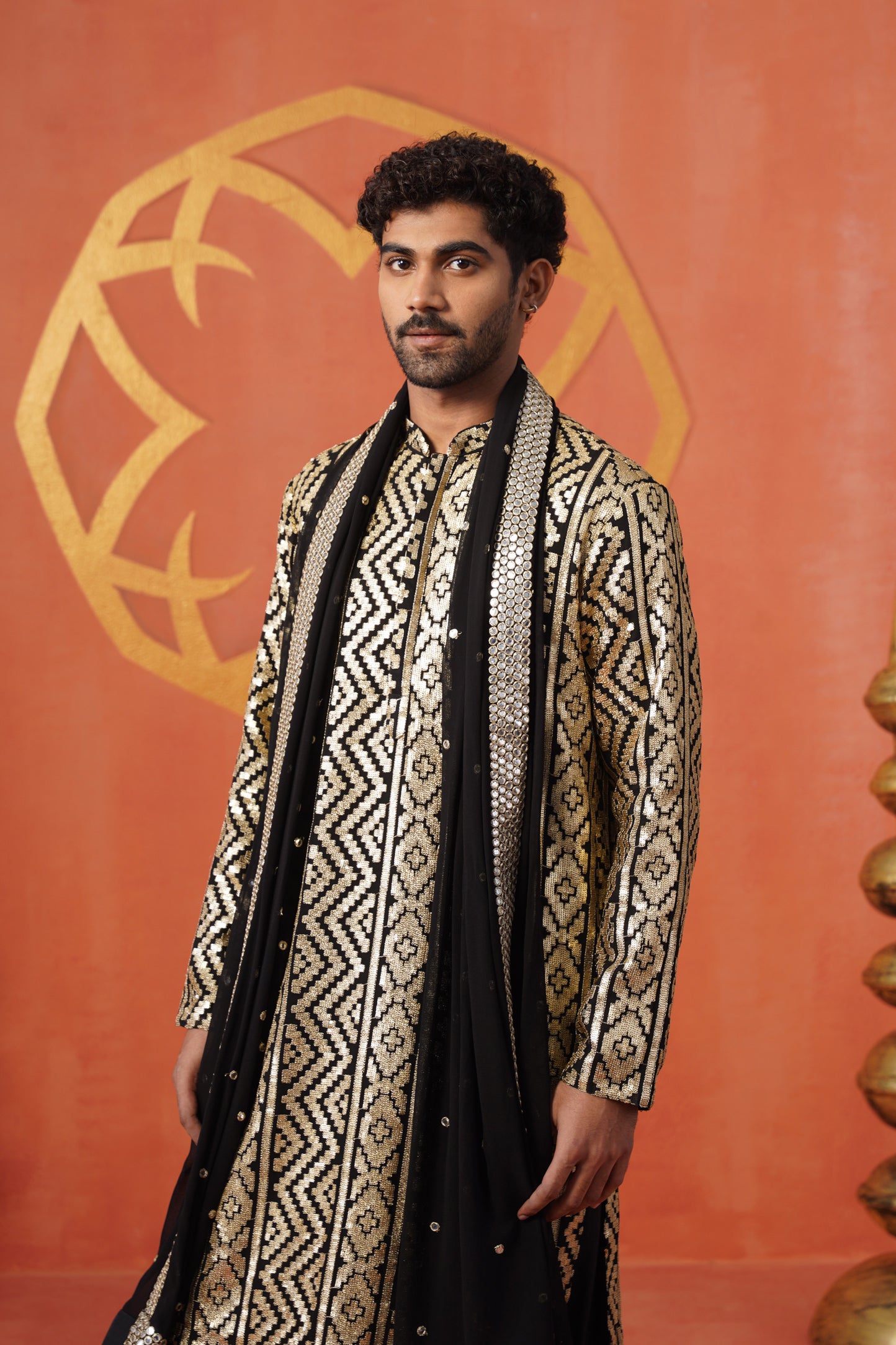 Golden Abstract Sequin Embroidery Kurta Patiyala Set With Dupatta