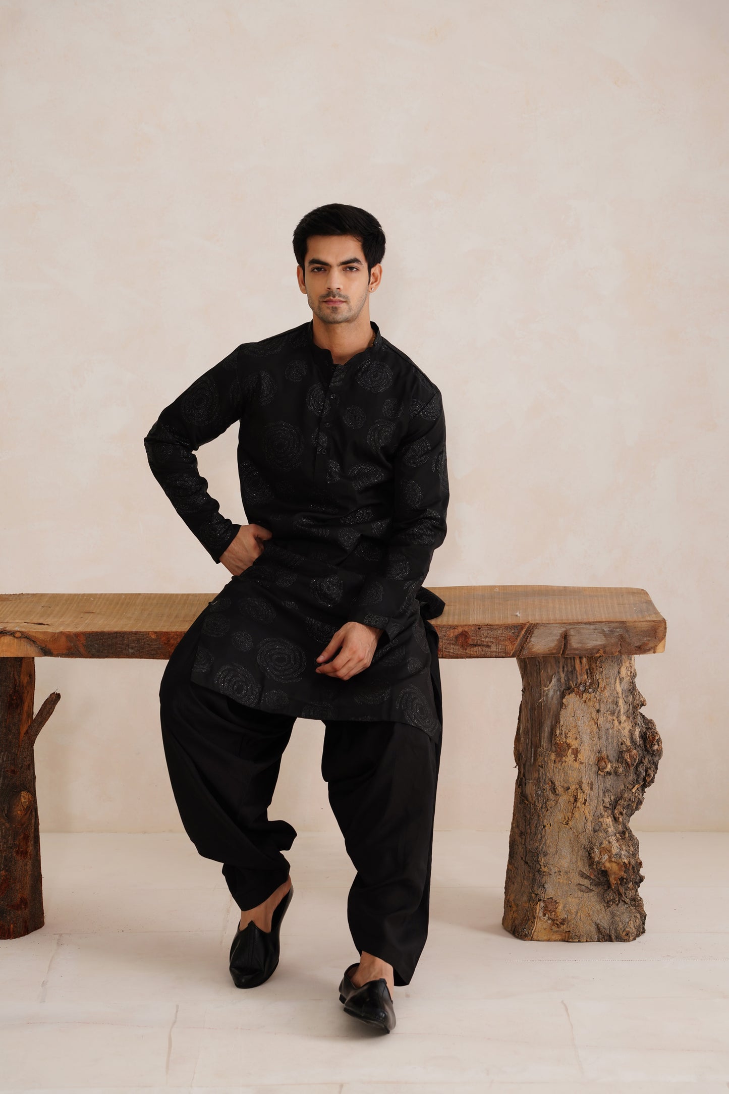 Black Foil Work Kurta Patiyala Set