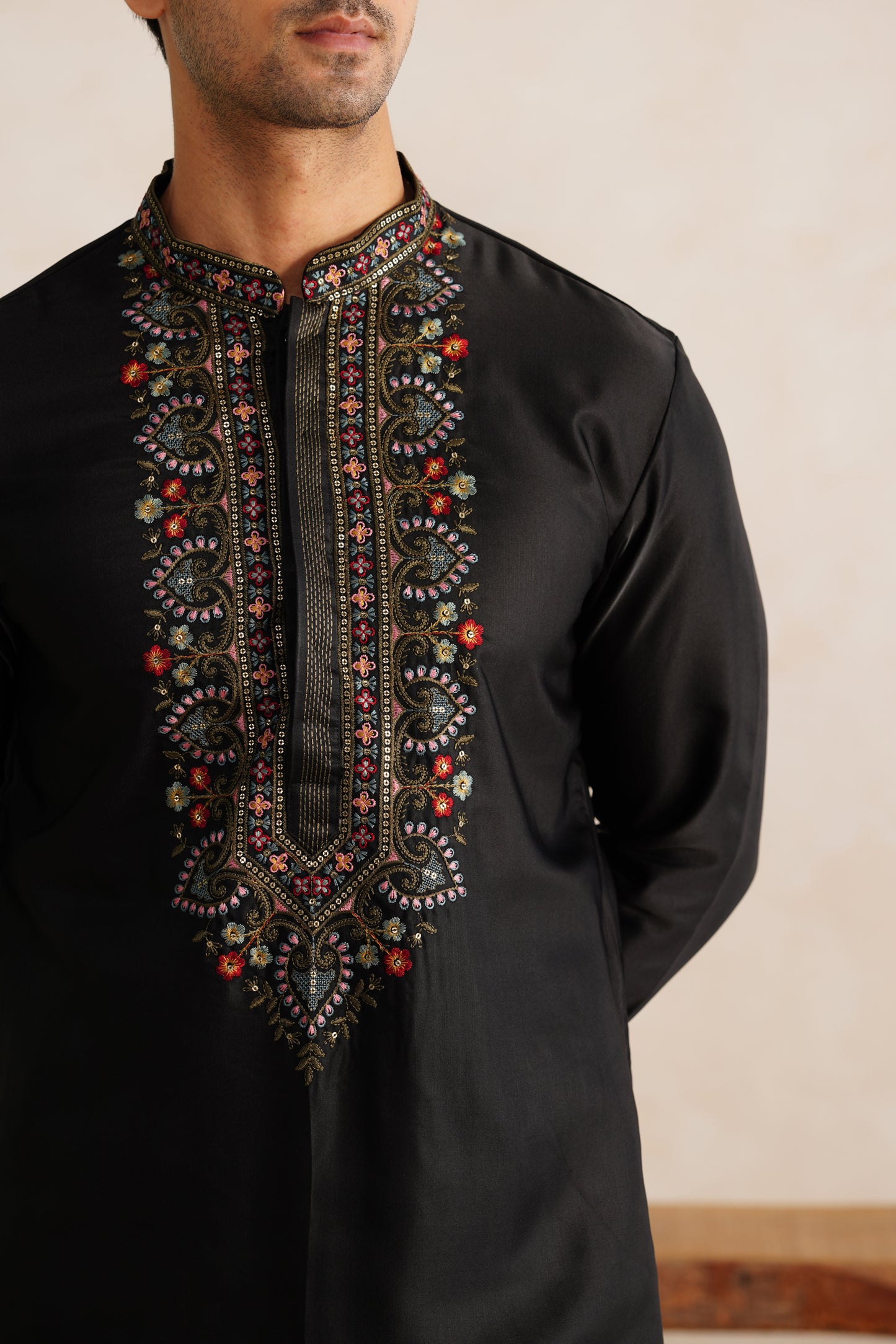 Black Flamingo Embroidery Kurta Set