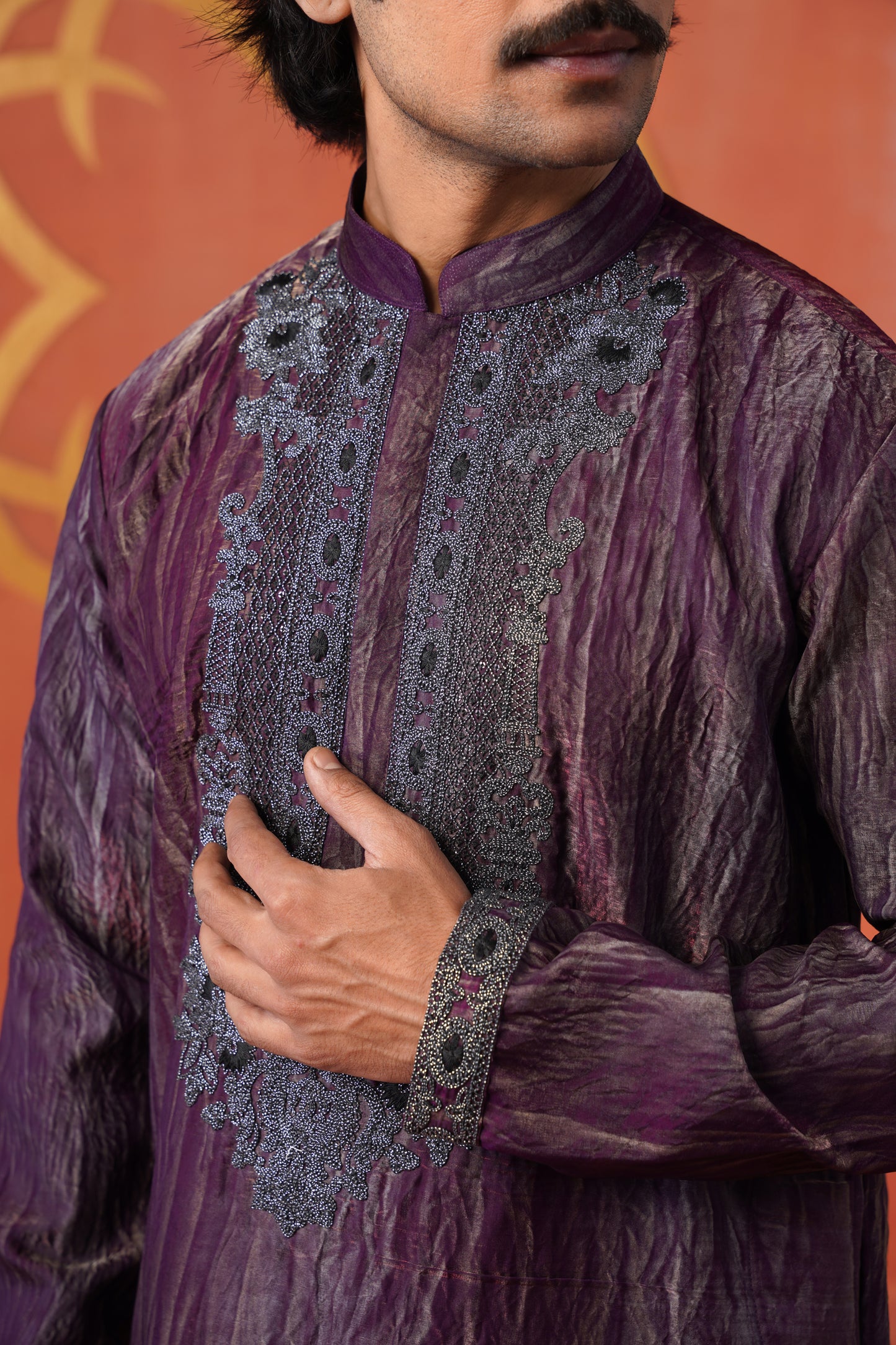 Purple Hand Dyed Tissue Silver Coding Embroidery Kurta Patiyala Set