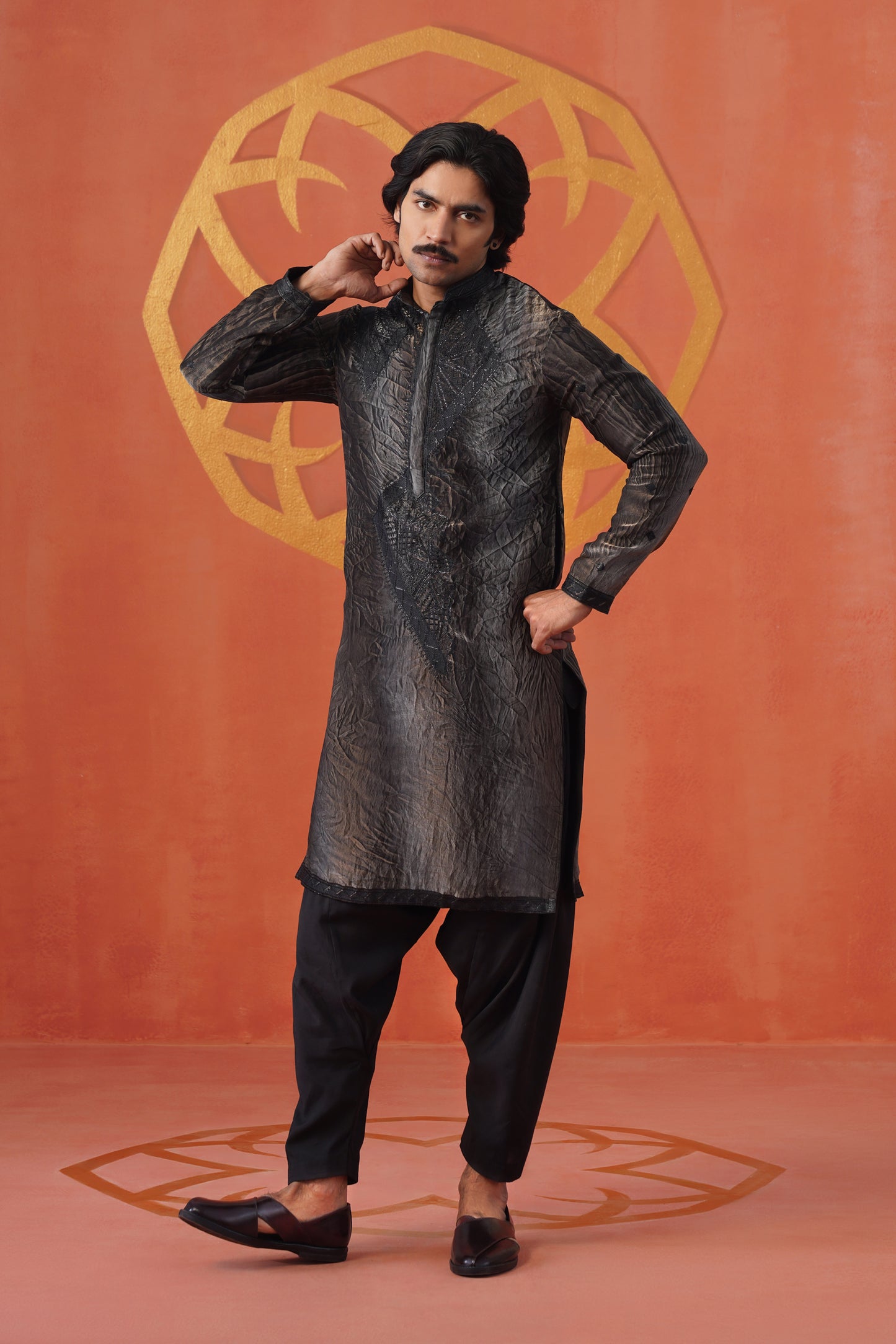 Grey Black Hand Dyed Tissue Black Embroidery Kurta Patiyala Set With Dupatta