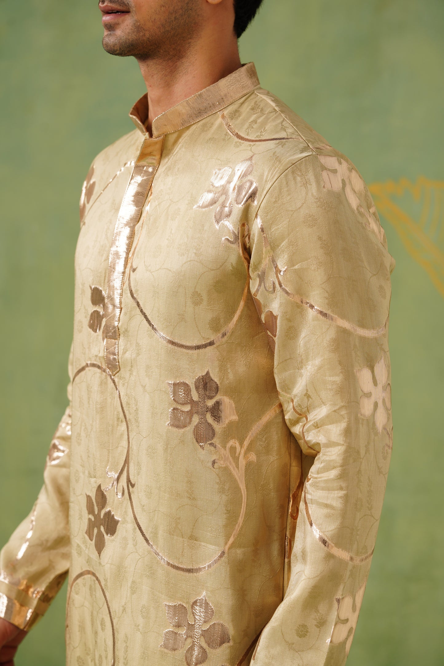 Light Mehendi Golden Weave Kurta Set