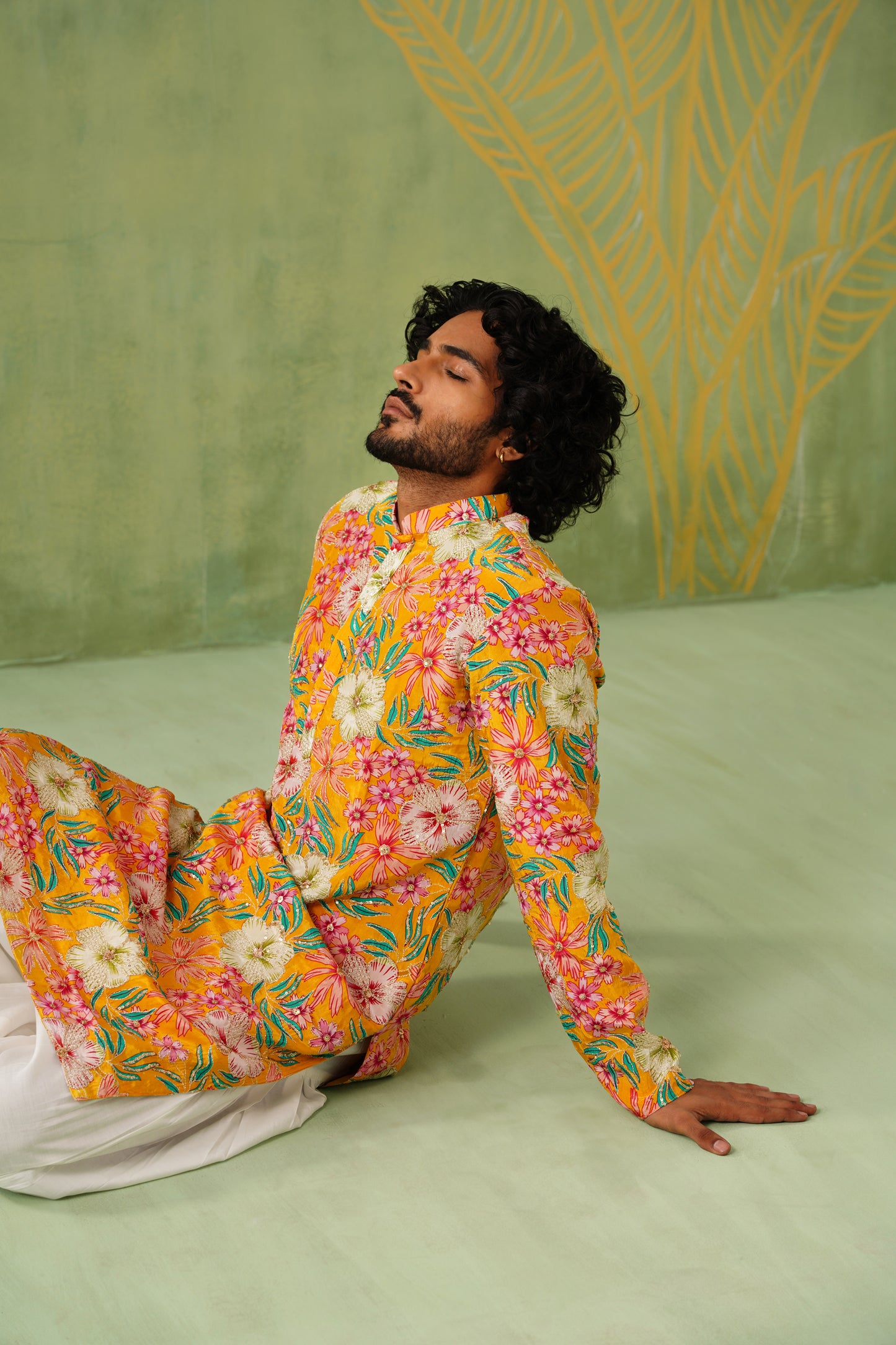 Yellow Embroidery With Floral Print Kurta Patiyala Set