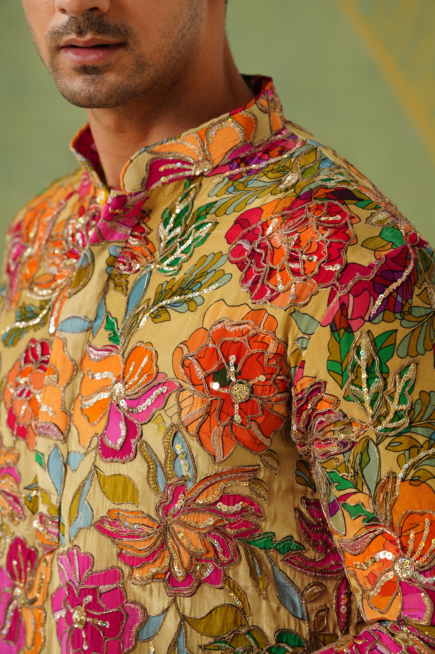 Mehendi Green Embroidery With Floral Print Kurta Set