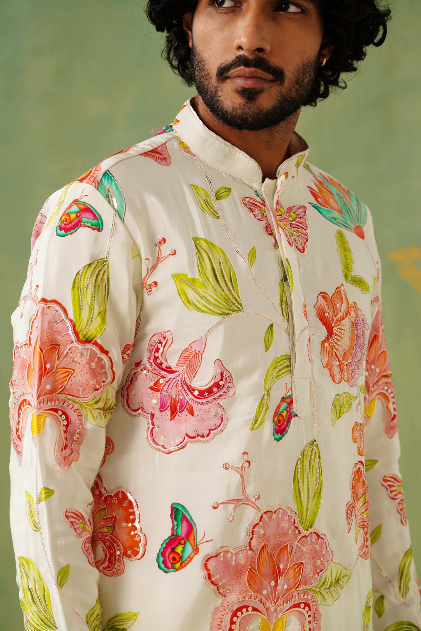 White Embroidery With Floral Print Short Kurta Set