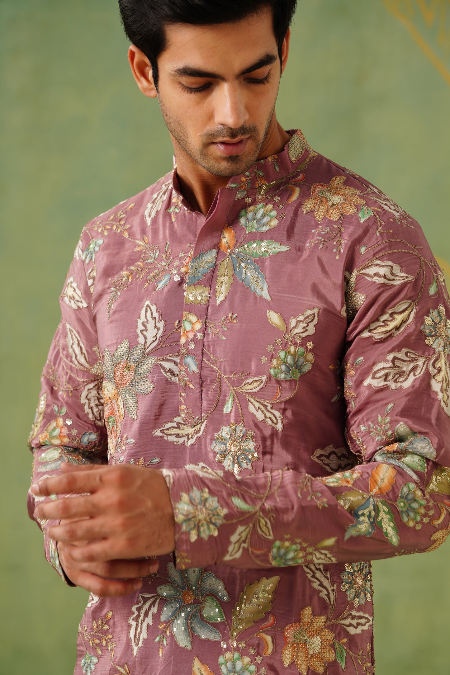 Mauve Embroidery With Floral Print Short Kurta Set