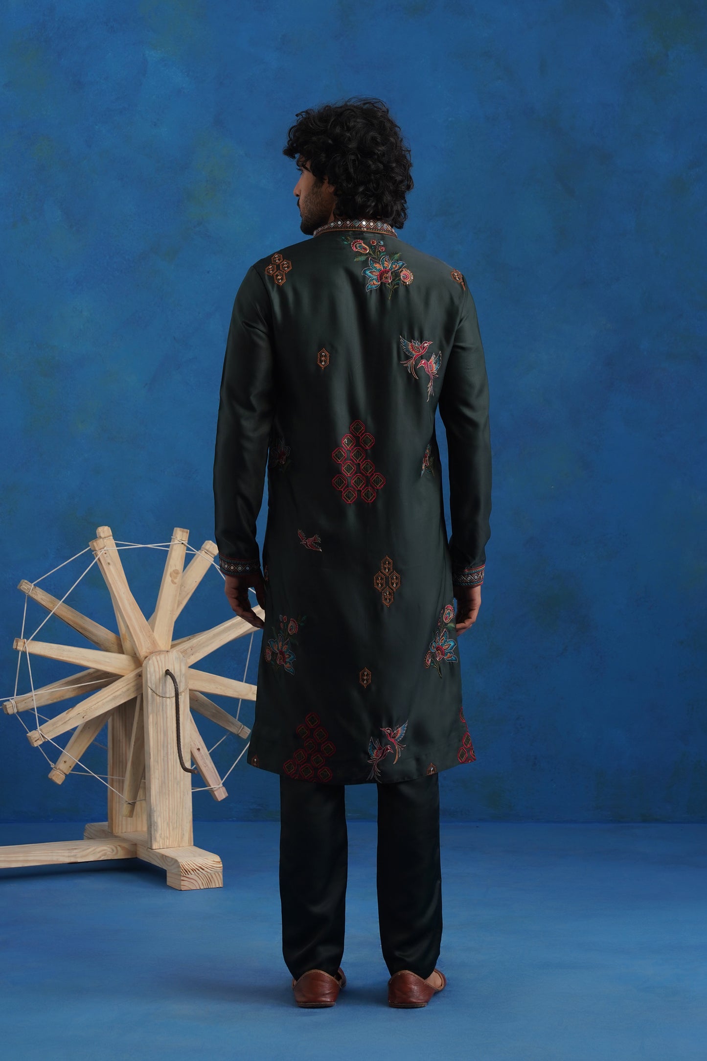 Bottle Green Dove Embroidered Kurta Set with Dupatta