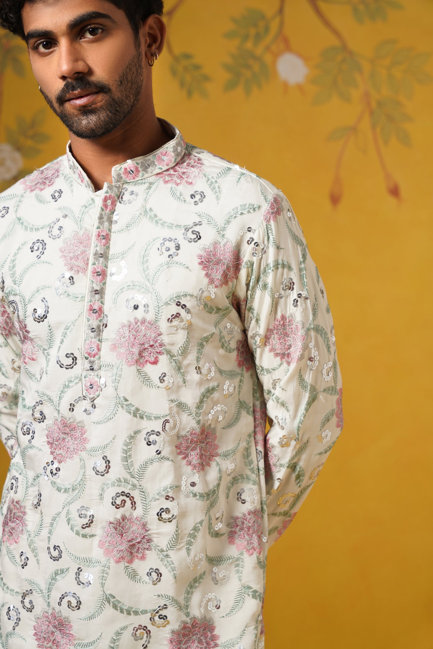 White Floral Sequin Embroidery Kurta Patiyala Set