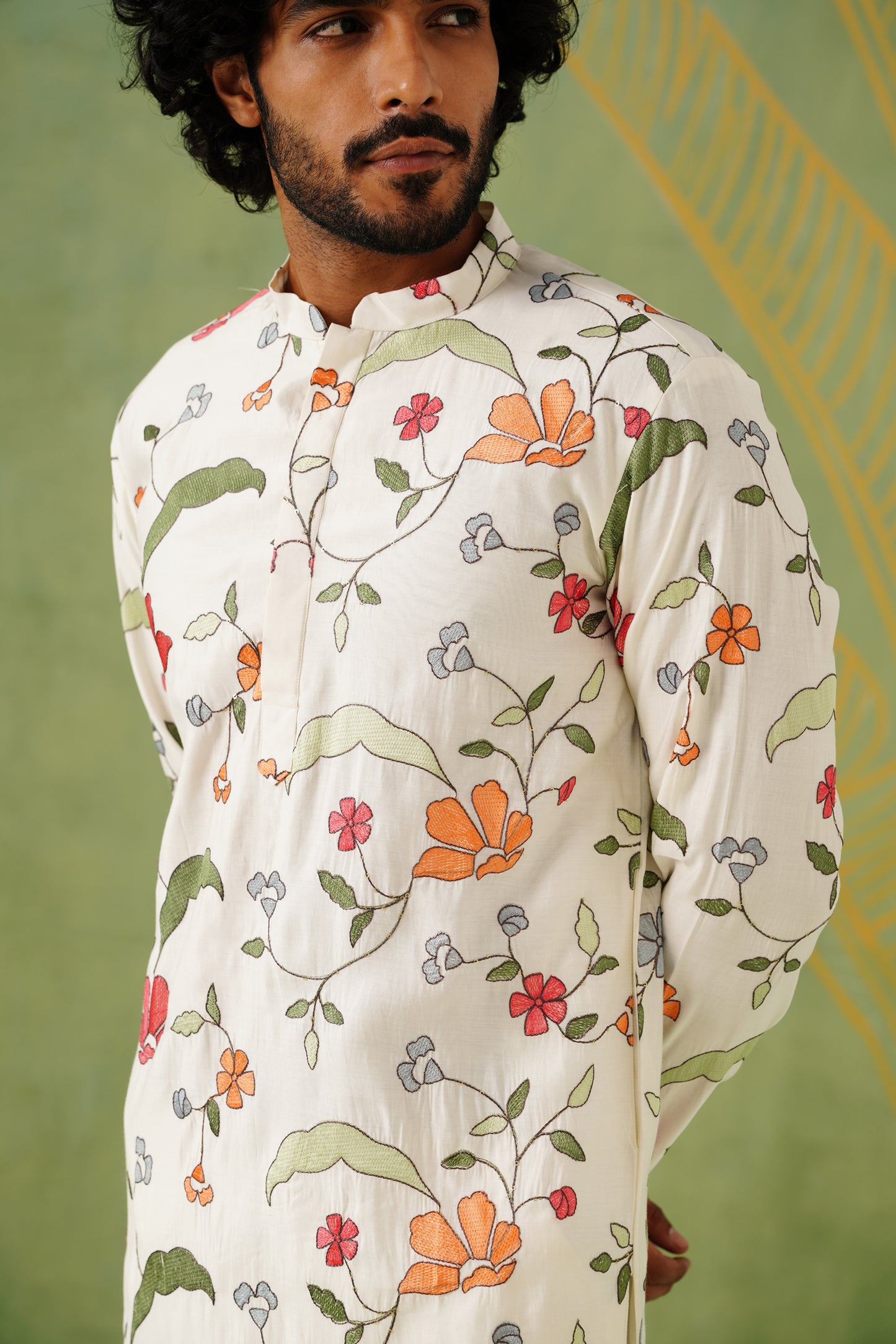 Cream European Flower Embroidery Kurta Set