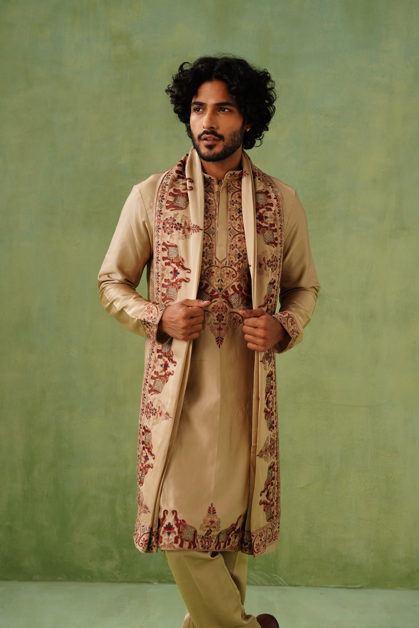 Beige Elephanta Embroidery Kurta Set With Dupatta