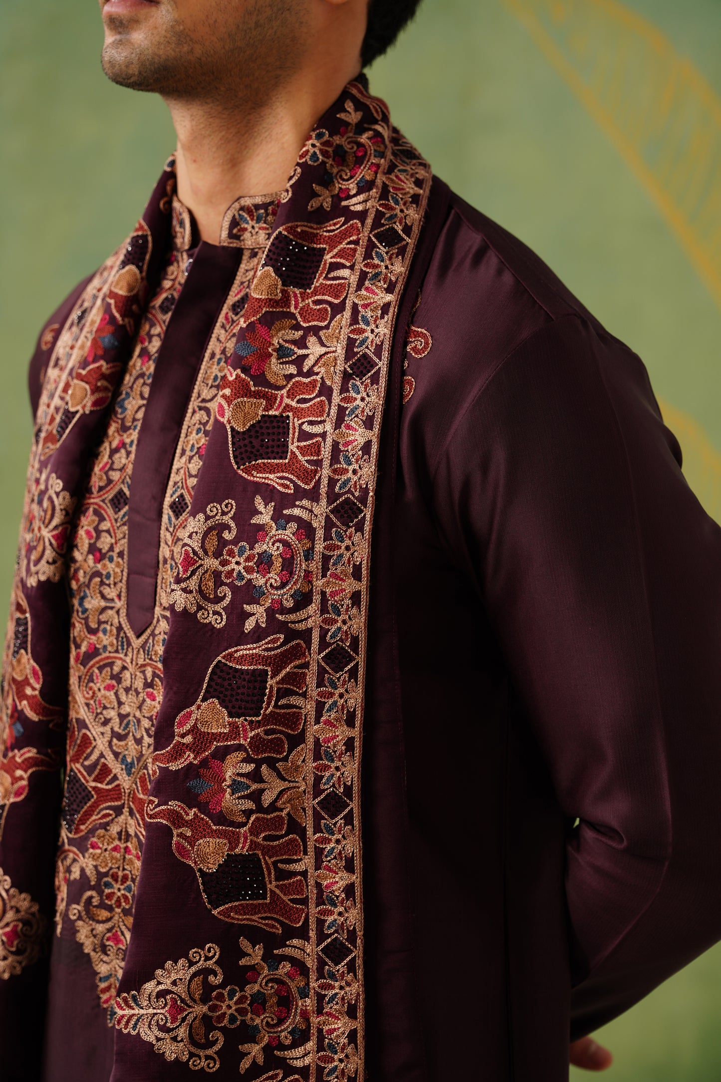 Dark Wine Elephanta Embroidery Kurta Set With Dupatta