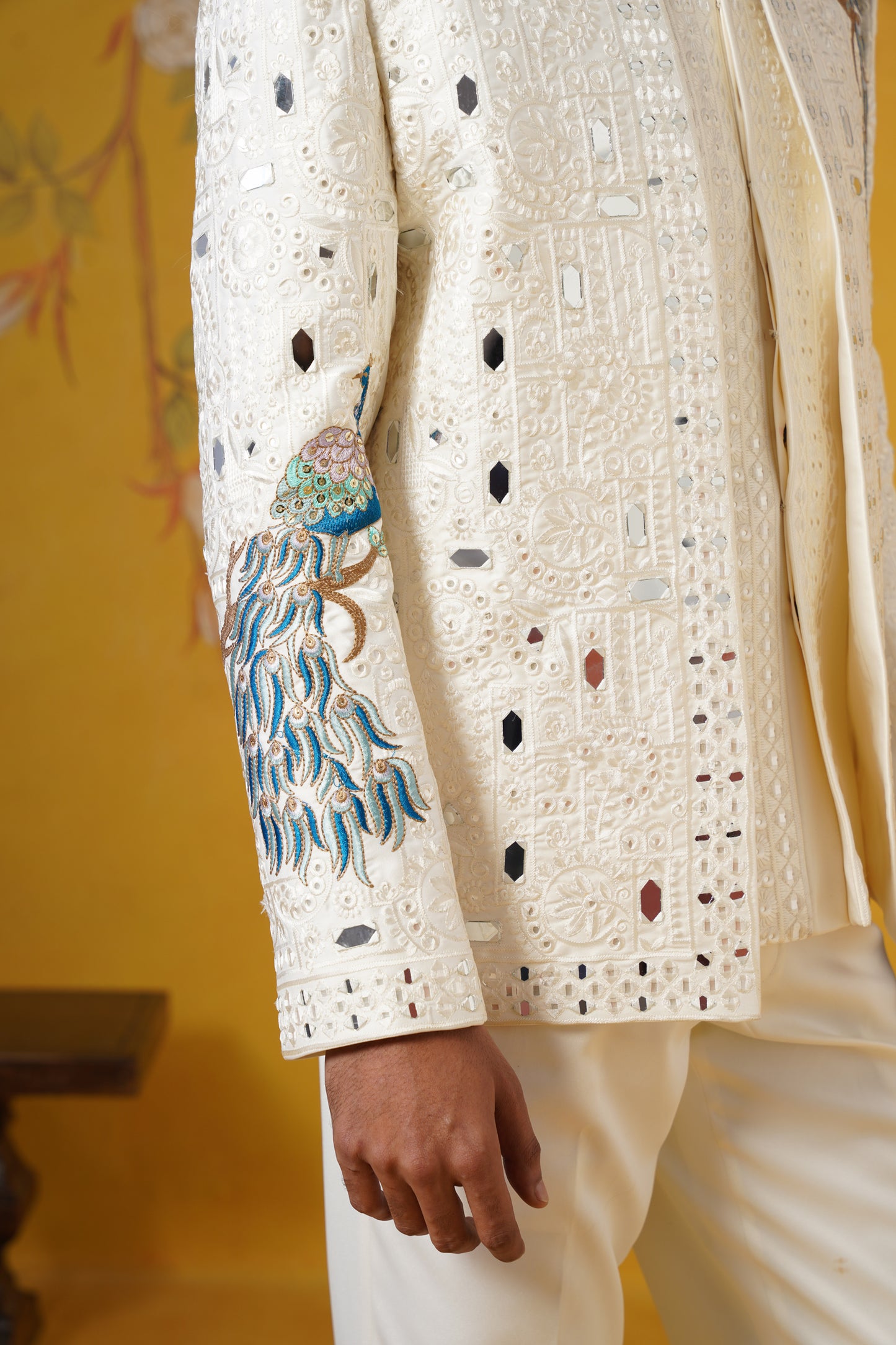 Cream Peacock Mirror Embroidery Jodhpuri Set
