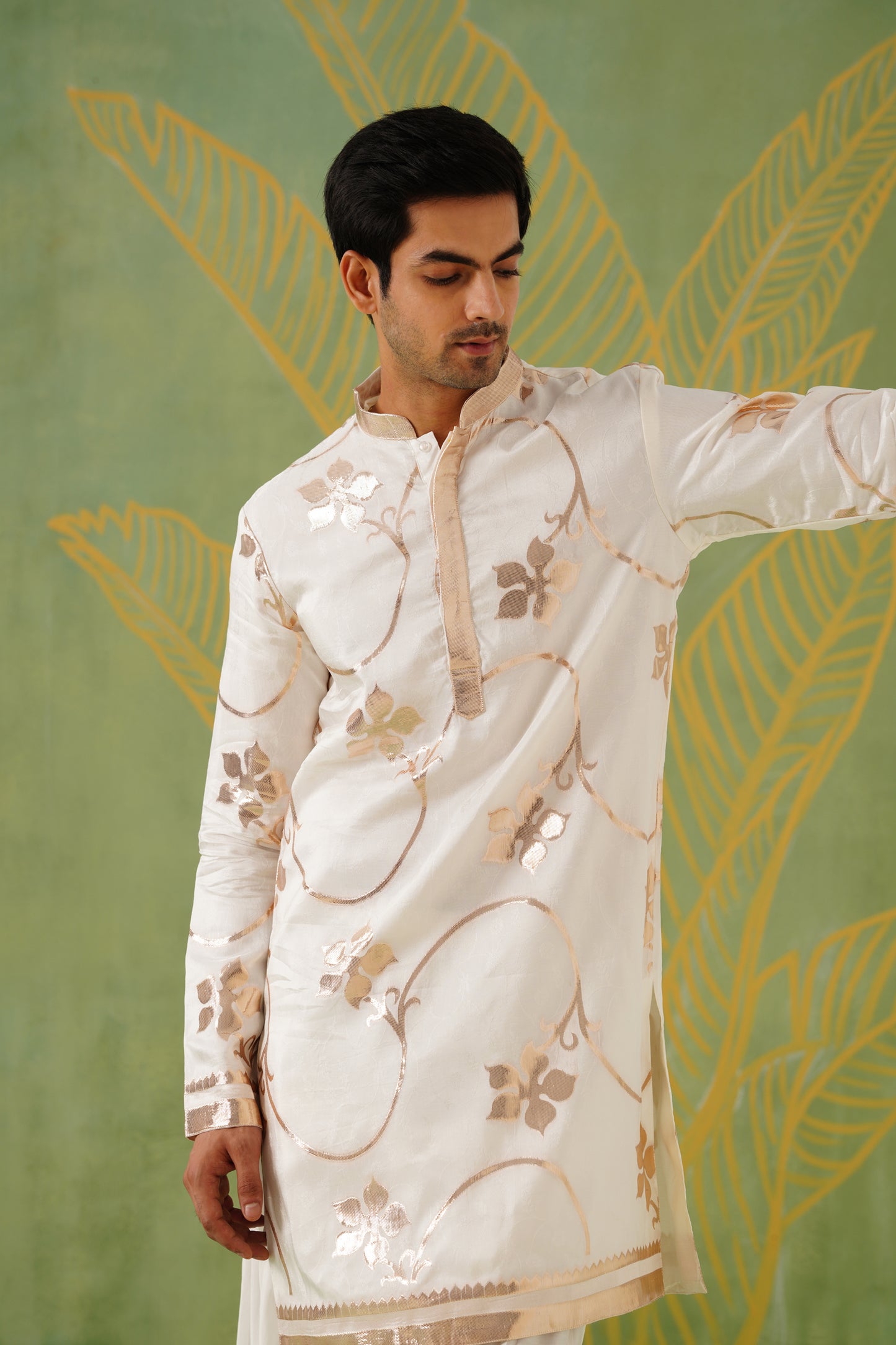 White Golden Petal Weave Kurta Patiyala Set