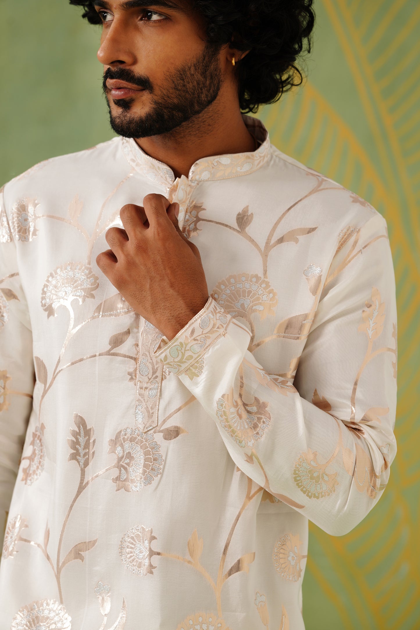 White Golden Silver Weave Kurta Patiyala Set