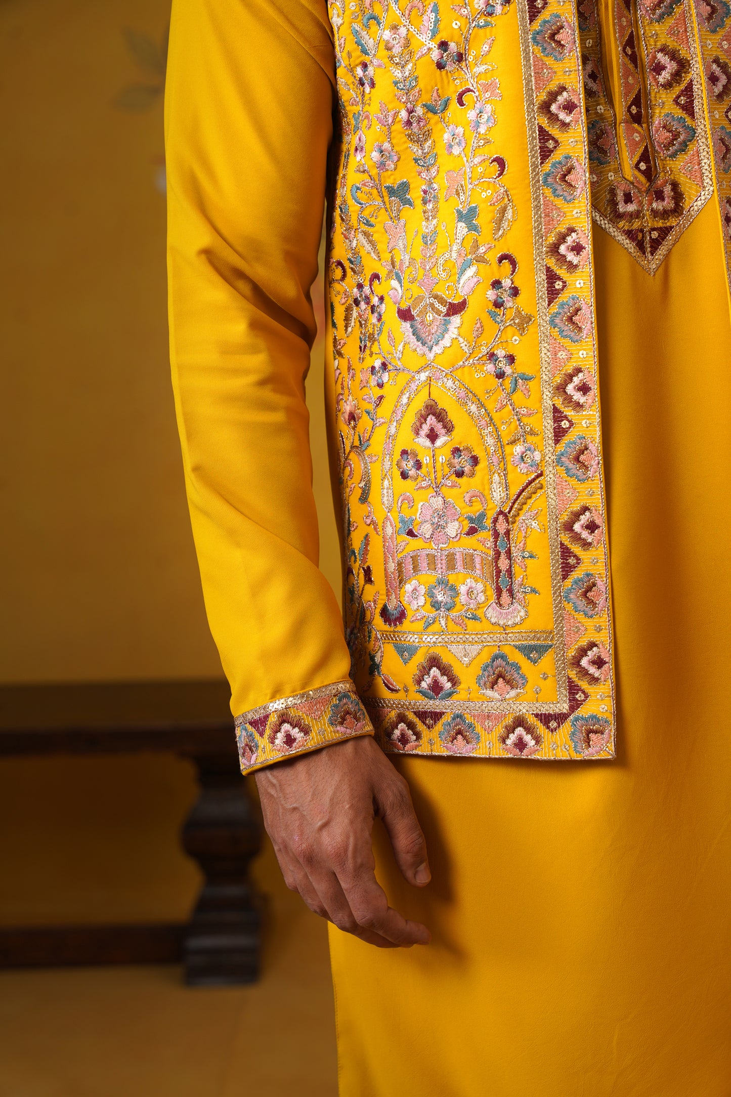 Yellow Embroidery Kurta Jacket Set