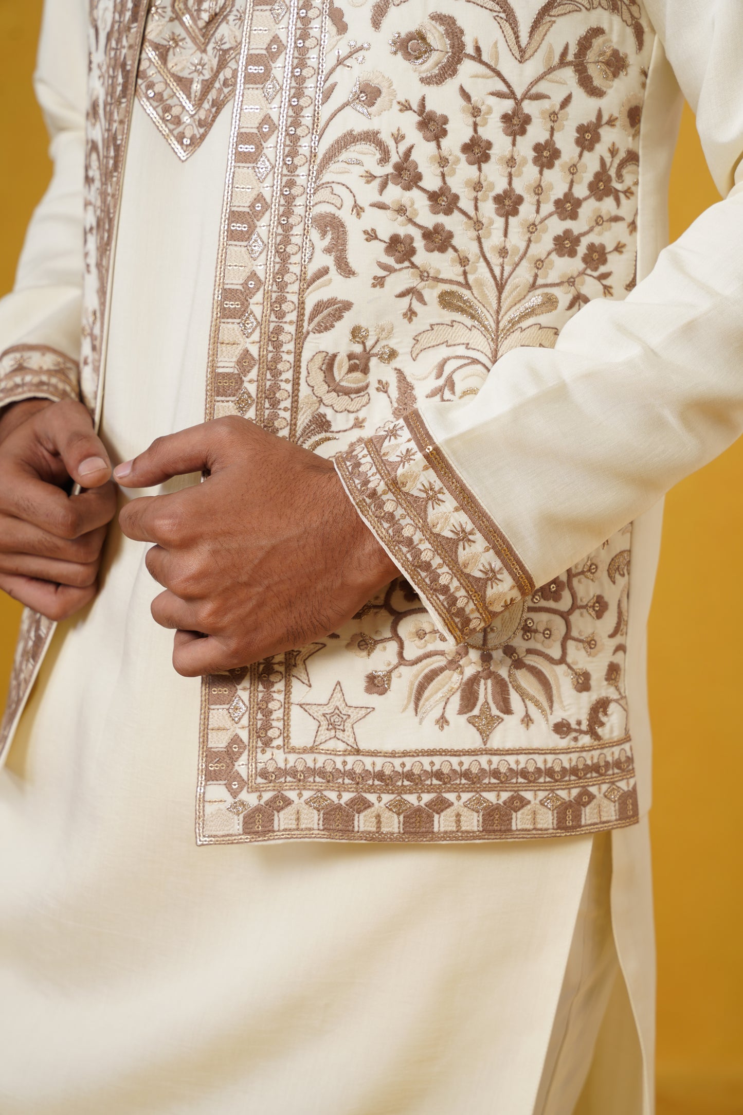 Cream Embroidery Kurta Jacket Set