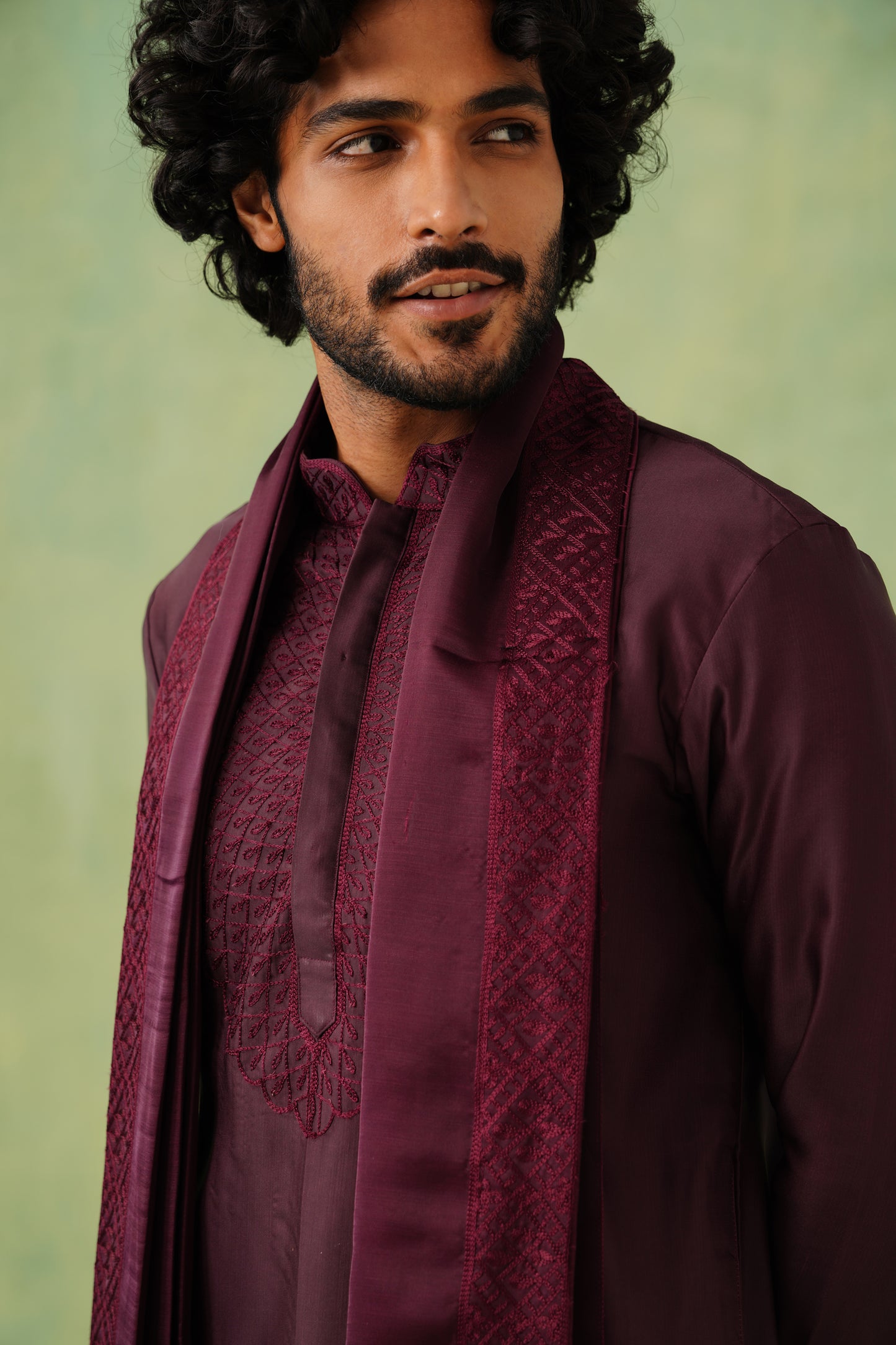 Wine Embroidery Kurta Set With Dupatta