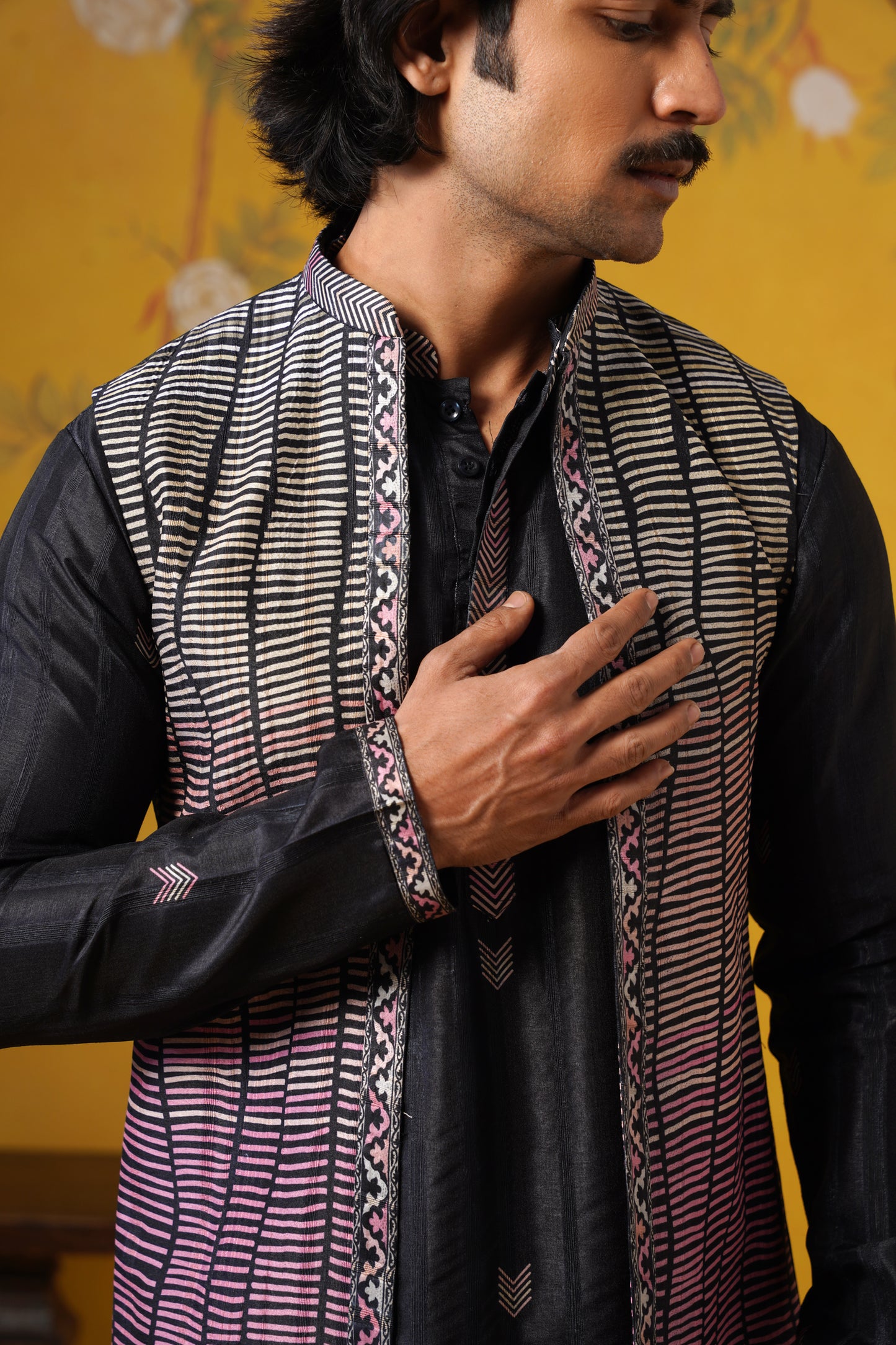 Black Ghicha Print Kurta Jacket Set