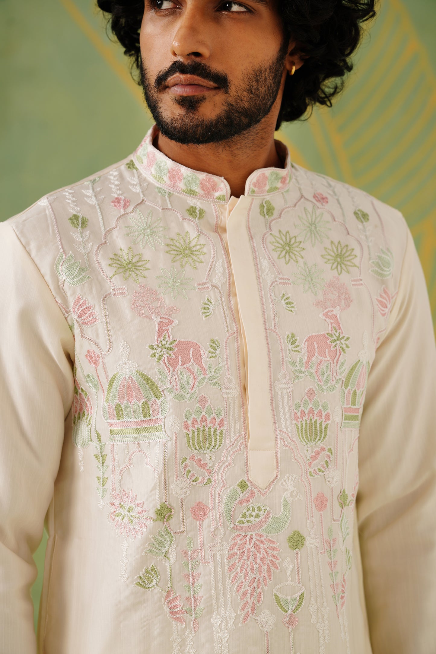 Cream Temple Embroidery Kurta Set With Dupatta