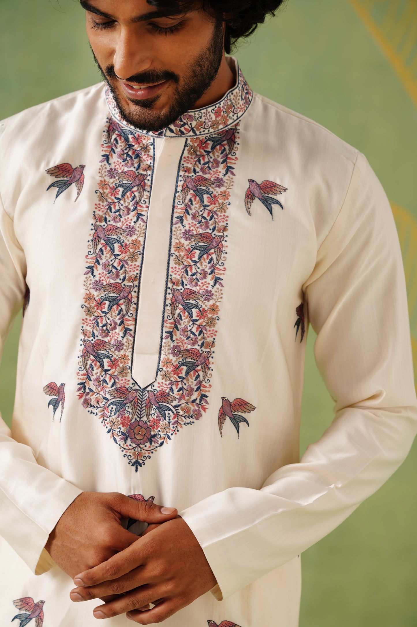 Cream Sparrow Embroidery Kurta Set With Dupatta