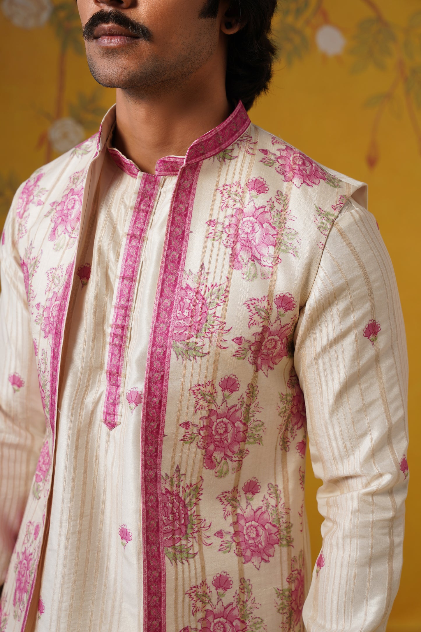 Cream Ghicha Print Kurta Jacket Set