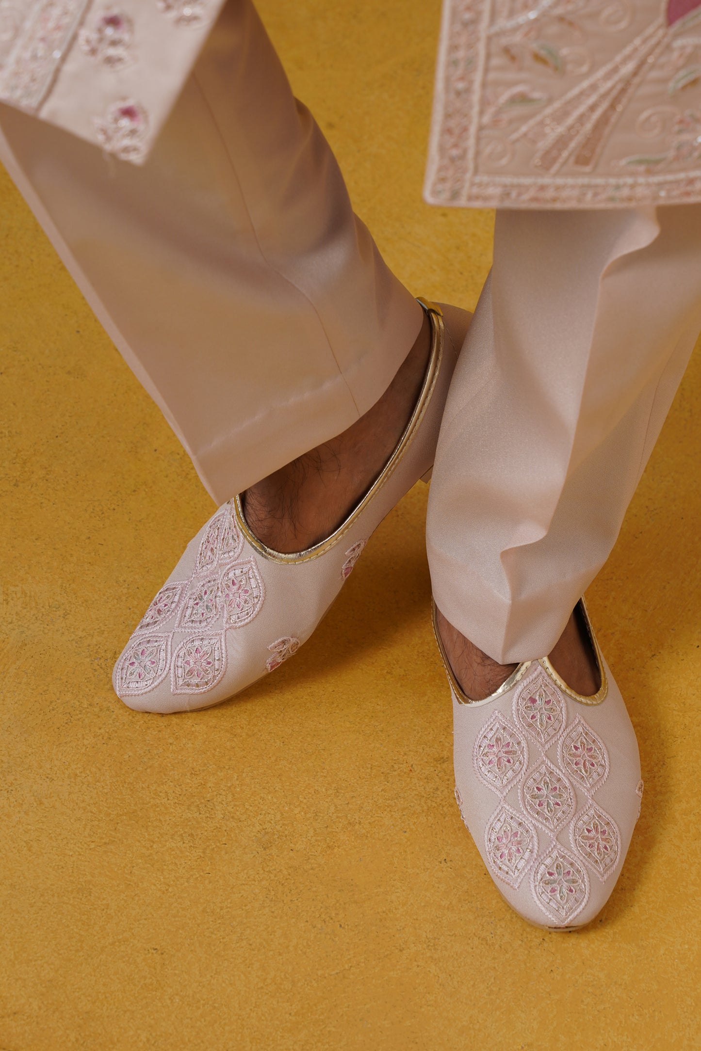 Light Pink Pastel Floral Sherwani Set With Jooti And Belt