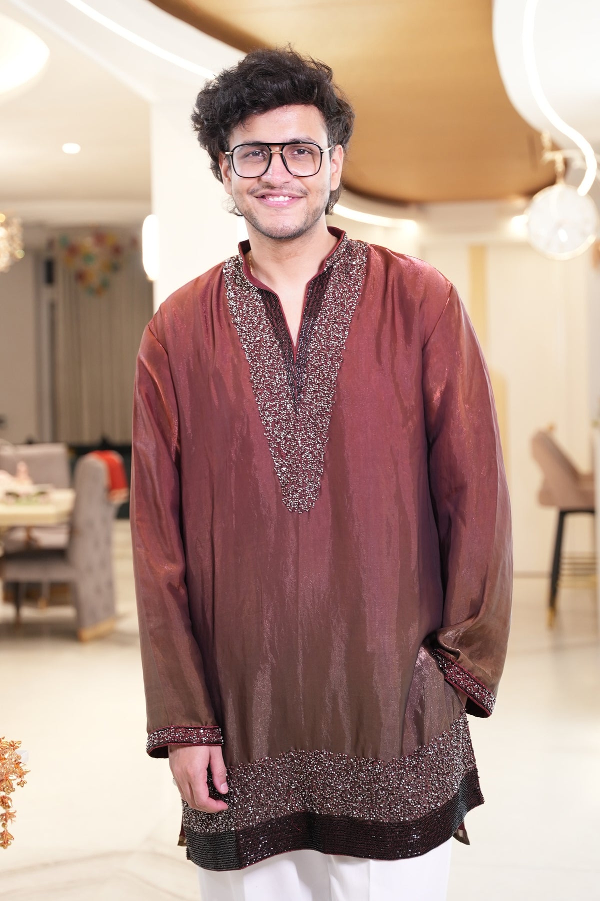Nischay Malhan in Sindoor Rust Ombre Bead Bordered Kurta Set