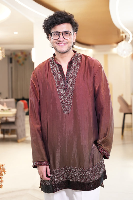 Nischay Malhan in Sindoor Rust Ombre Bead Bordered Kurta Set