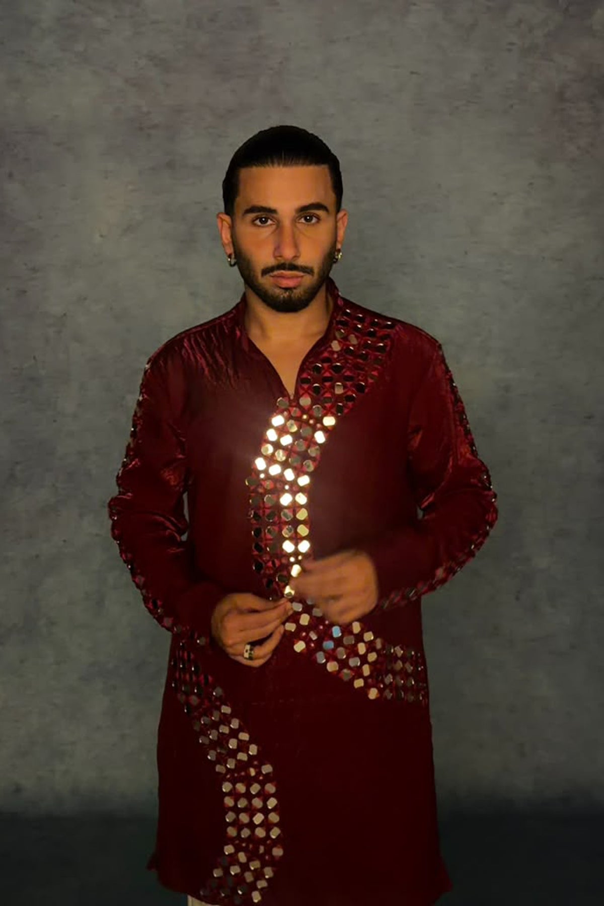 Orry in Crescent Maroon Mirror Embroidered Kurta Set