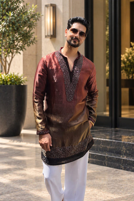 Shakti Arora in Sindoor Rust Ombre Bead Bordered Kurta Set