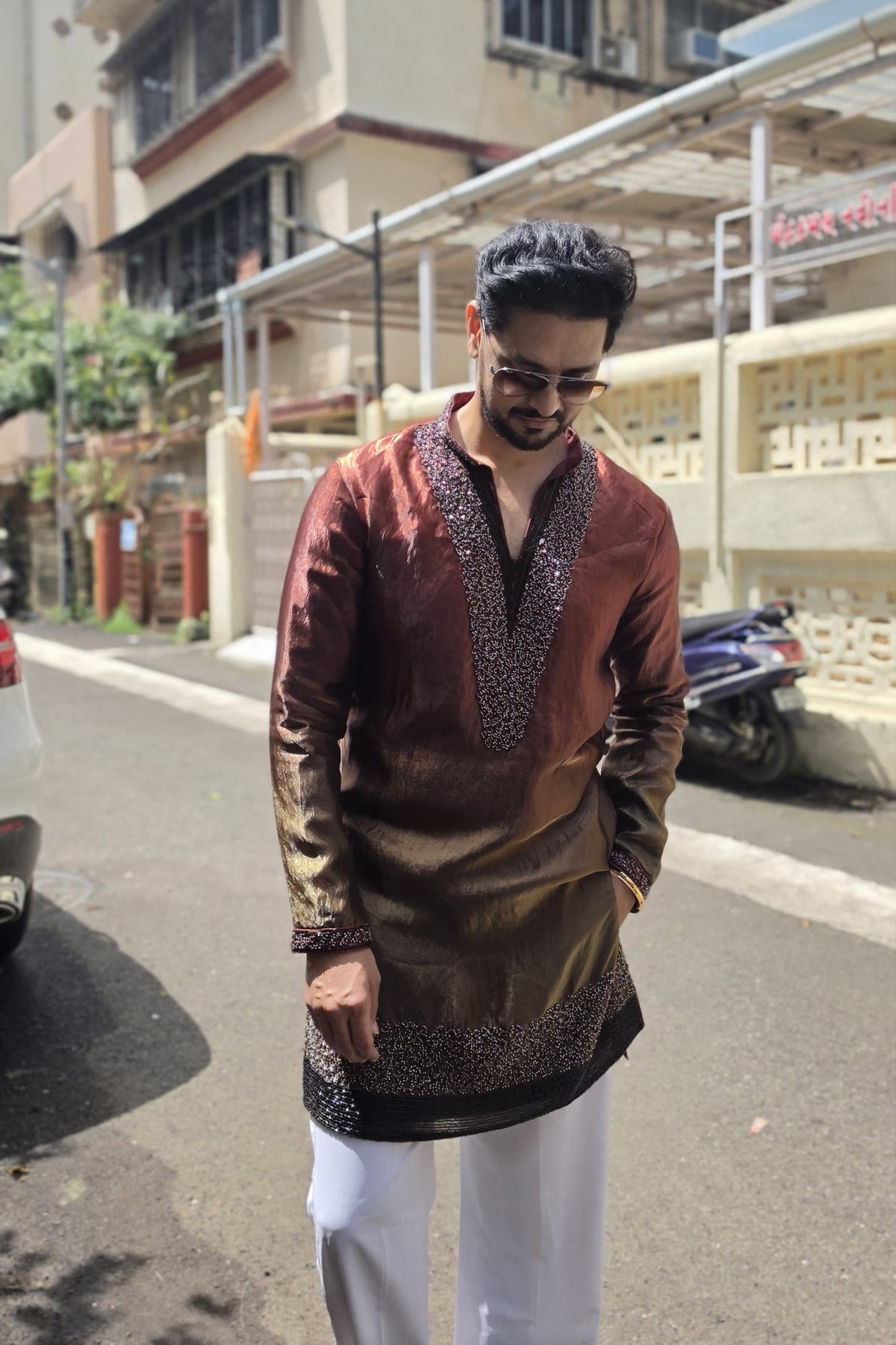 Shakti Arora in Sindoor Rust Ombre Bead Bordered Kurta Set