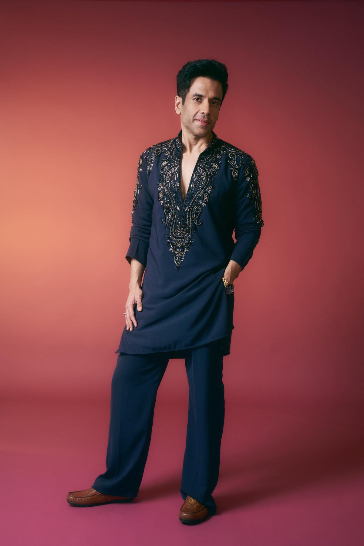 Tusshar Kapoor in Noor Navy Paisley Bead Embroidered Kurta Set