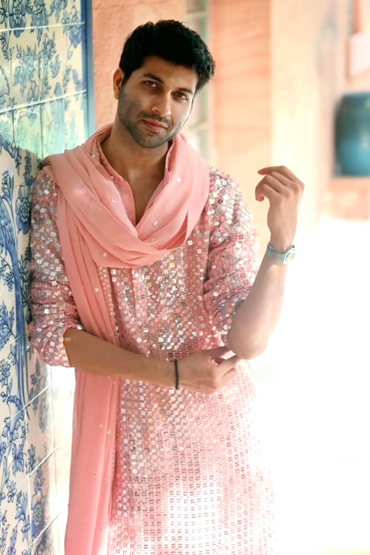 Harshit Mittal in Blush Parallel Mirror Kurta Set with Dupatta
