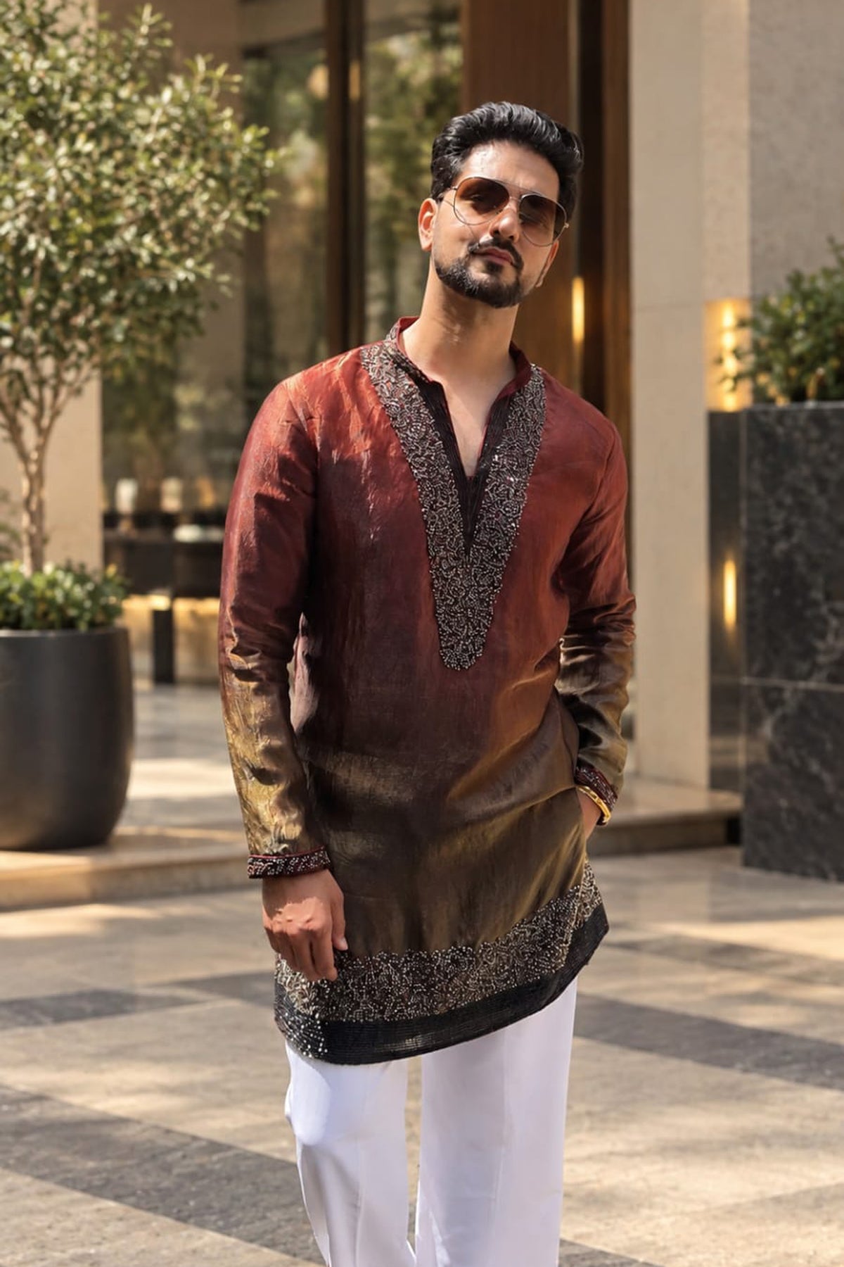 Shakti Arora in Sindoor Rust Ombre Bead Bordered Kurta Set