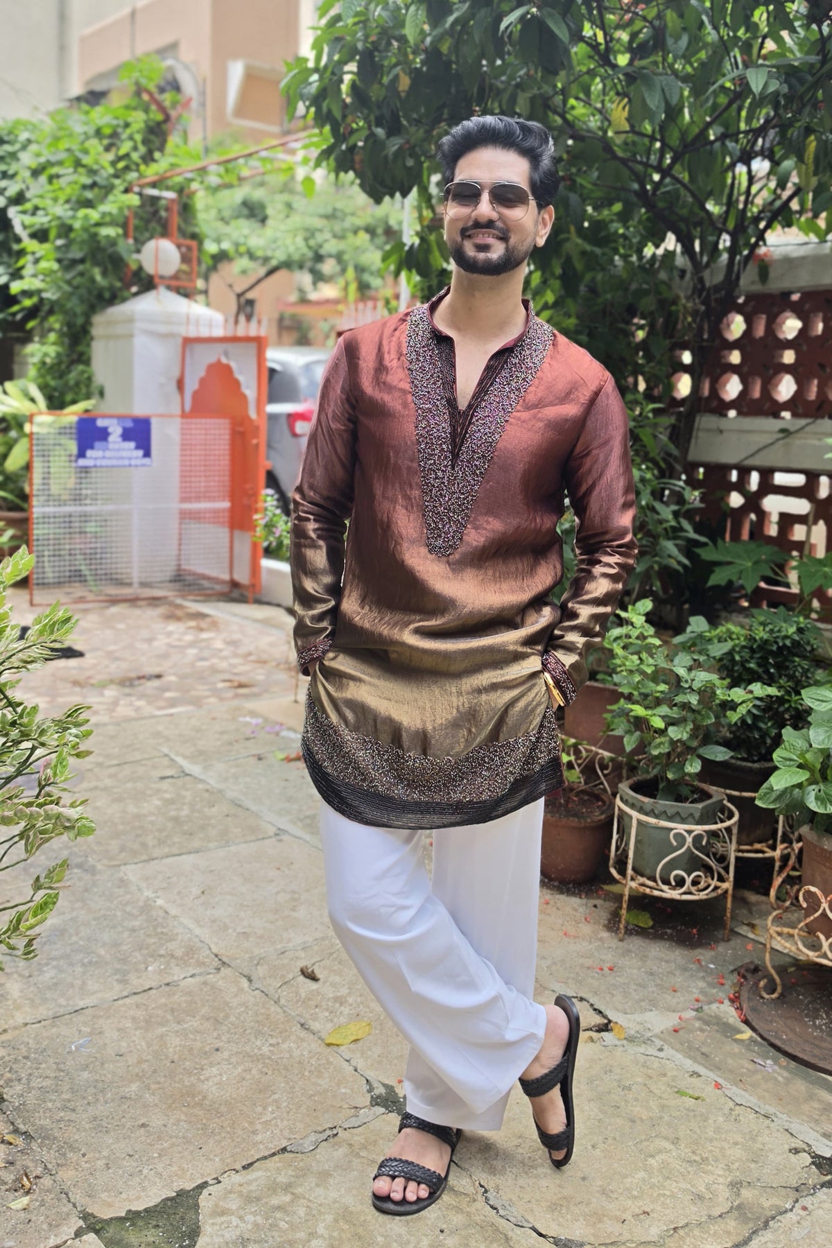Shakti Arora in Sindoor Rust Ombre Bead Bordered Kurta Set