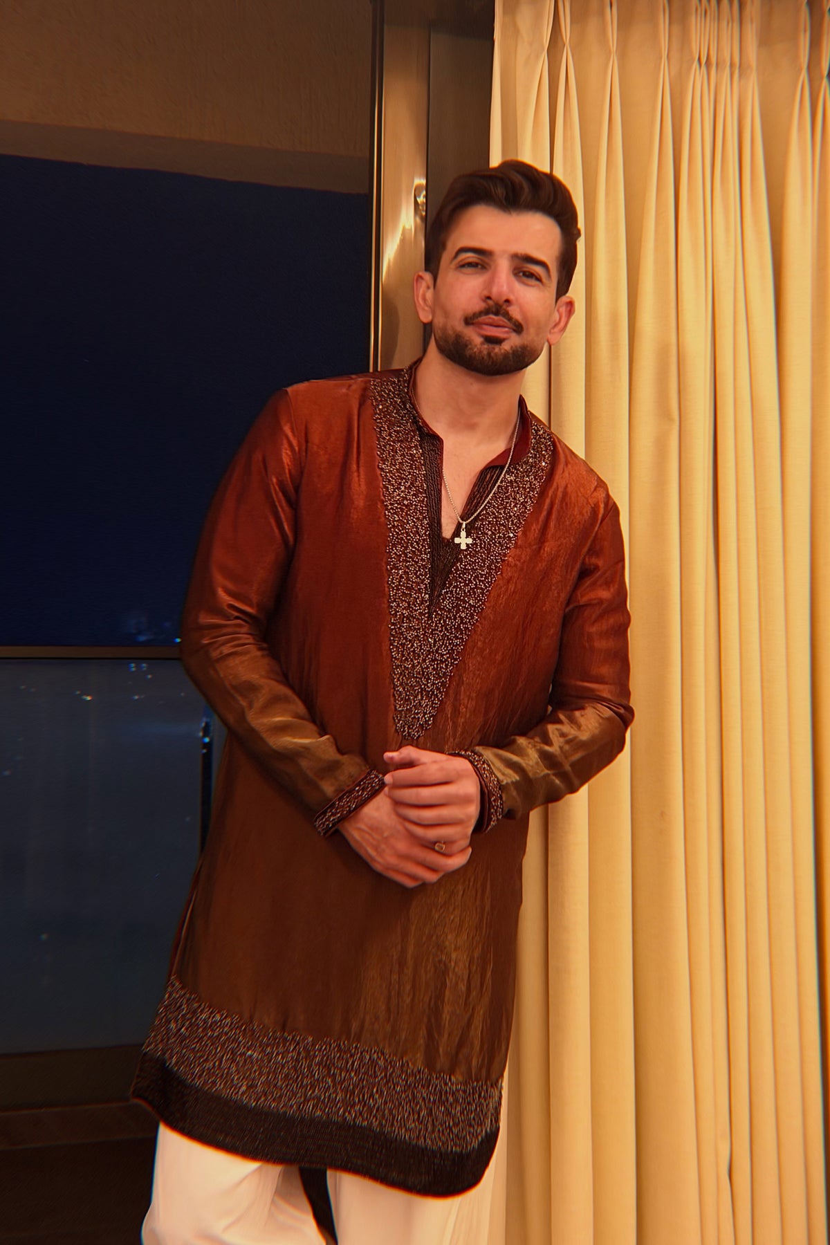 Jay Bhanushali in Sindoor Rust Ombre Bead Bordered Kurta Set