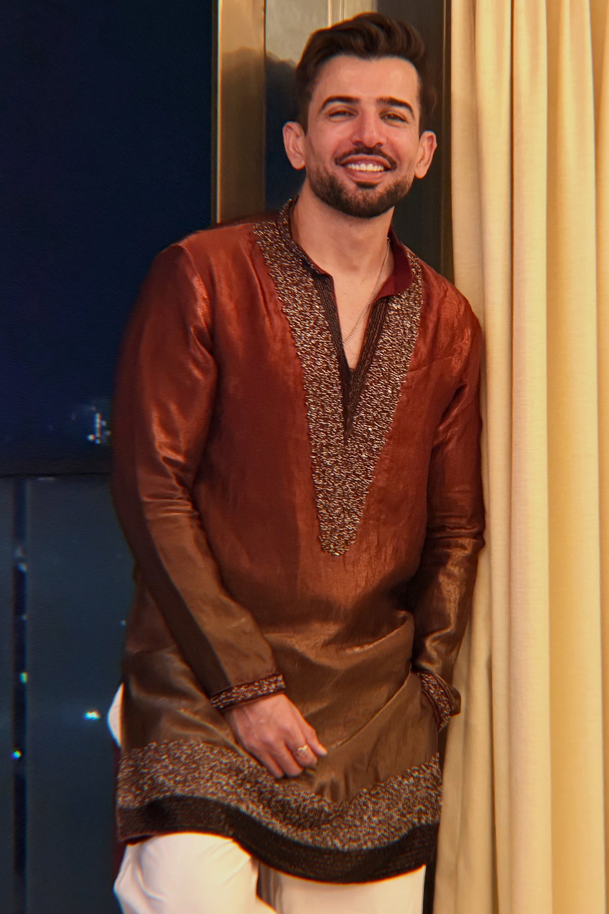 Jay Bhanushali in Sindoor Rust Ombre Bead Bordered Kurta Set